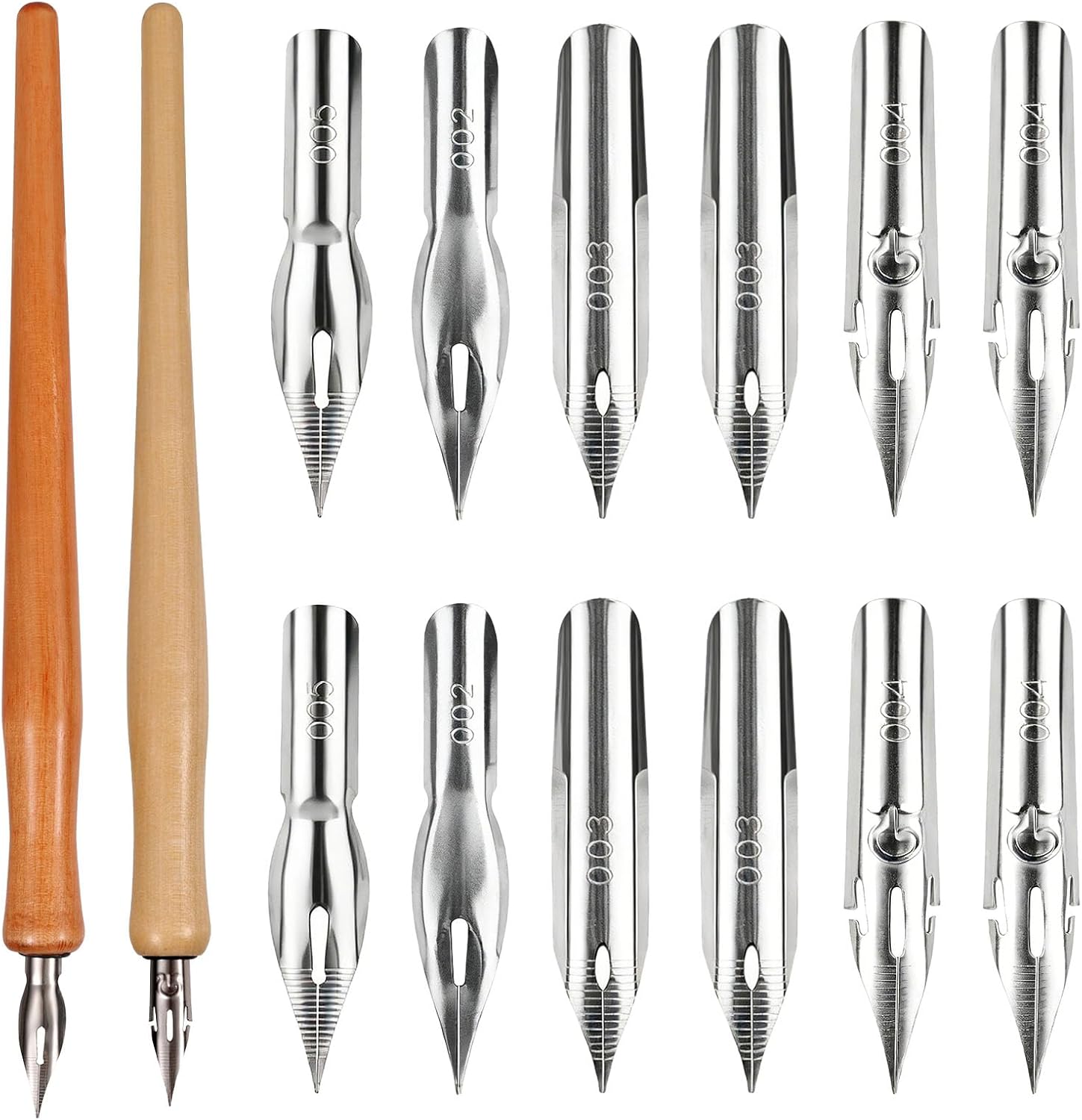 Comic Dip Pen Set, Includes 12 Stainless Steel Replacement Nibs & 2 Wooden Holders Dip Pen Nibs with 4 Styles for Drawing Writing Calligraphy Sketching Signing Painting
