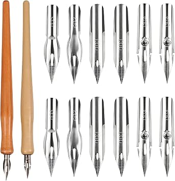 Comic Dip Pen Set, Includes 12 Stainless Steel Replacement Nibs & 2 Wooden Holders Dip Pen Nibs with 4 Styles for Drawing Writing Calligraphy Sketching Signing Painting