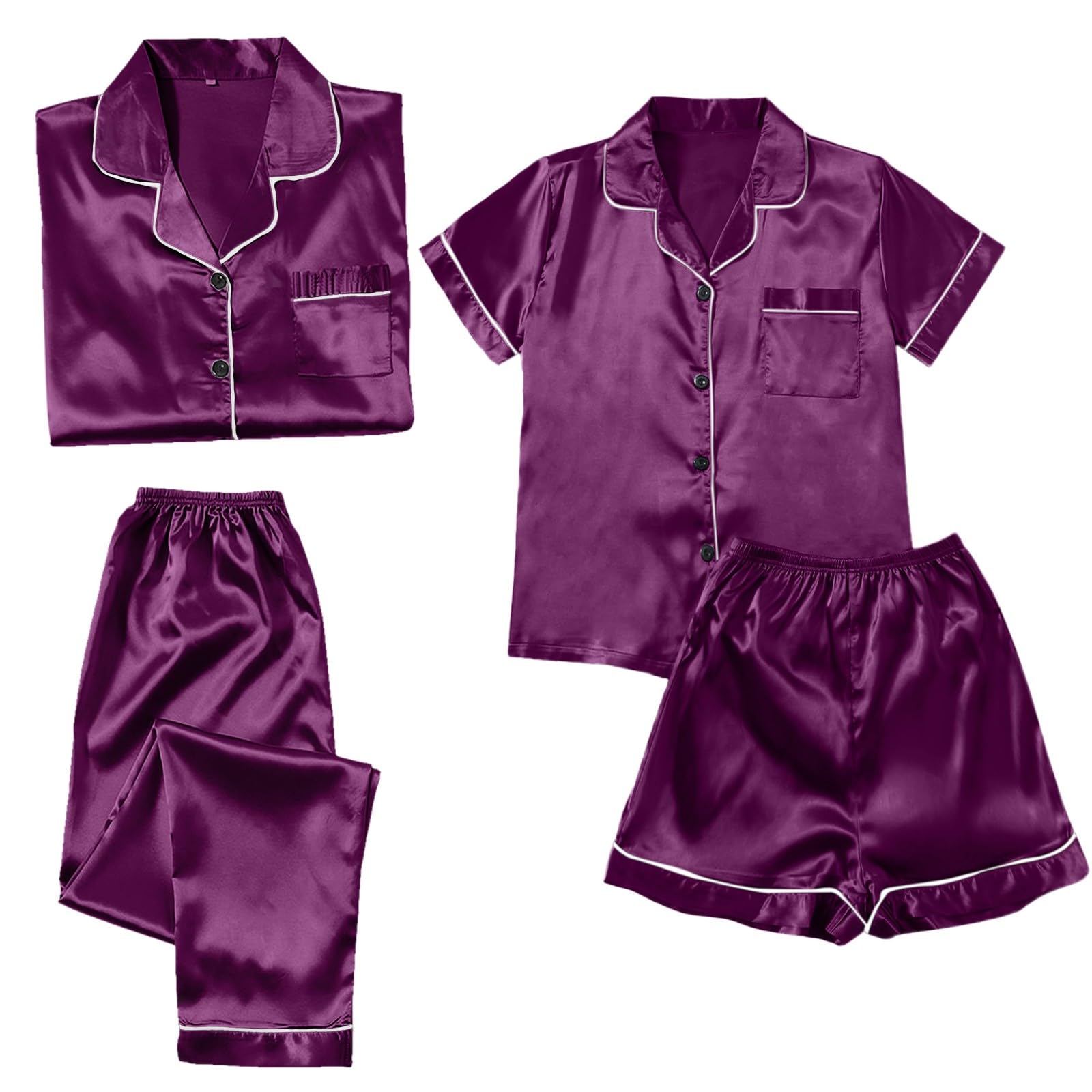 Conjunto de pijamas para mujer, 4 piezas, pijamas de talla grande para mujer, pijamas casuales para mujer, pantalones cortos de encaje, ropa de casa, pijamas con carlino (púrpura, XXXL),