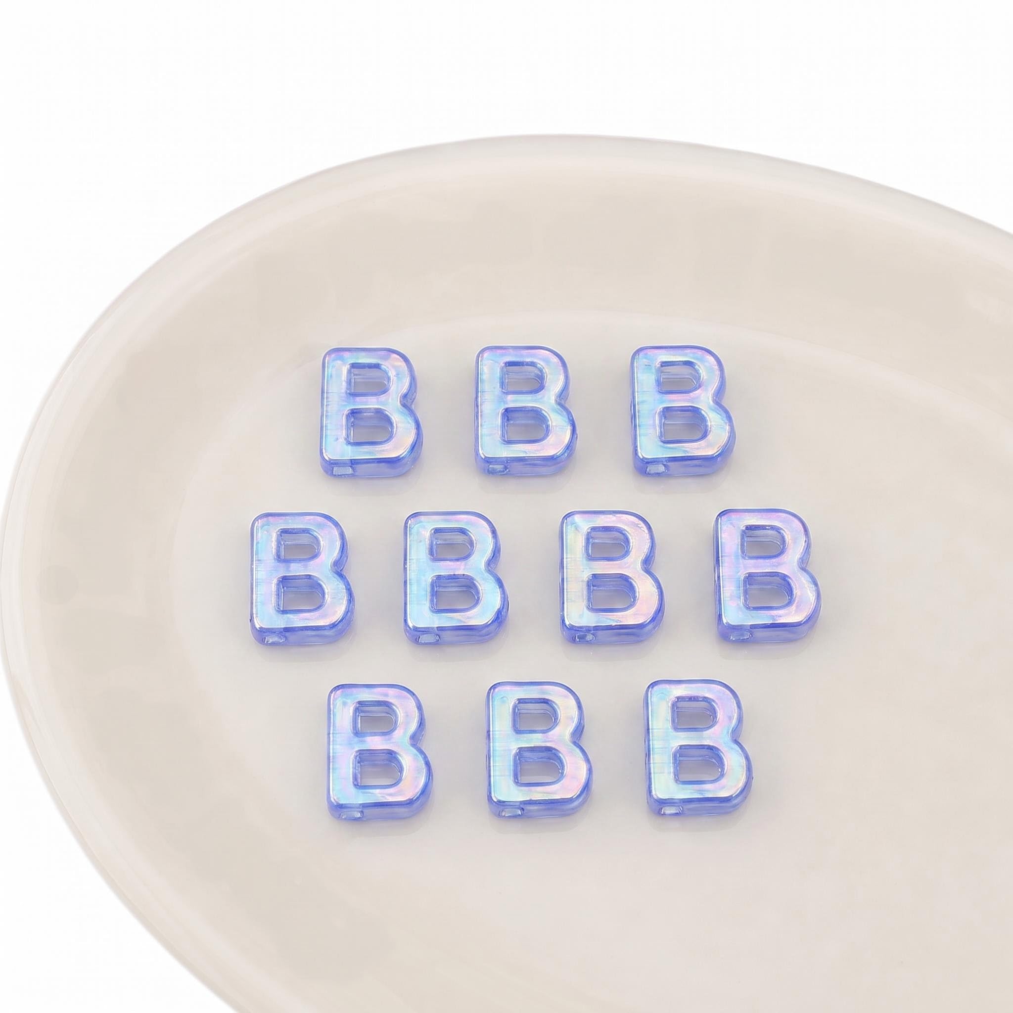 Letter Beads 10pcs, Large Acrylic Alphabet Beads with 6mm Hole, Iridescent Holographic UV Plated for Bracelet Making, Jewellery, Keyrings & Craft (Iridescent Blue, Letter B)