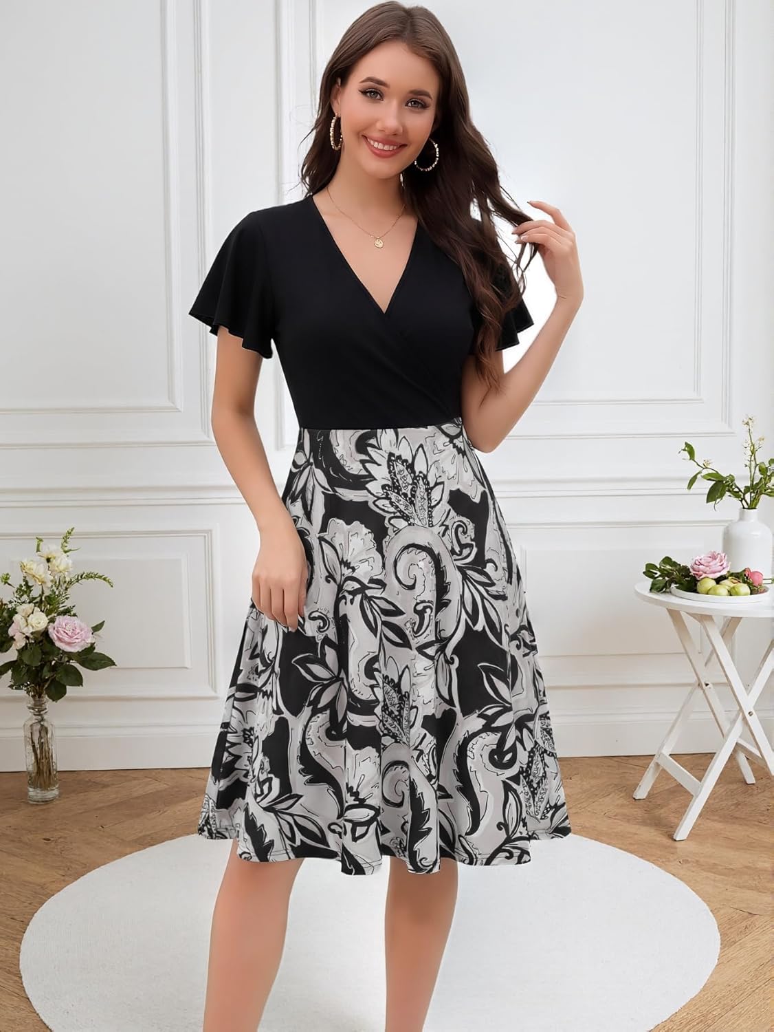 Women's Summer Dress 2026 Vintage Casual Office Professional Elegant Work V Neck A Line Knee Length Dresses with Pockets 560
