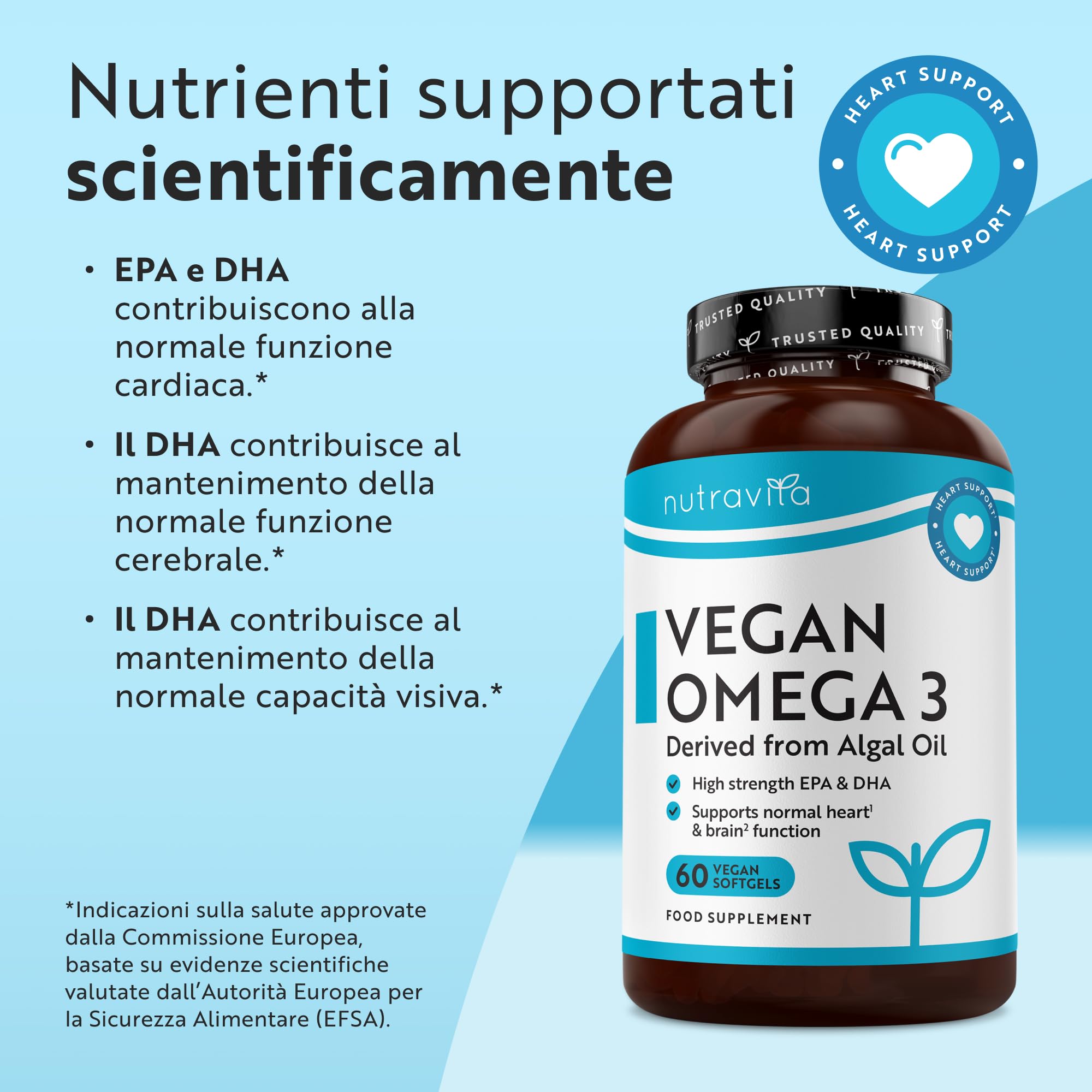 Nutravita Omega 3 Vegan Ad Alta Efficienza 2000mg - 60 Capsule Molli Vegane - 600mg DHA e 300mg EPA - Integratore Omega 3 Derivato da Olio di Alghe - per la Salute del Cuore