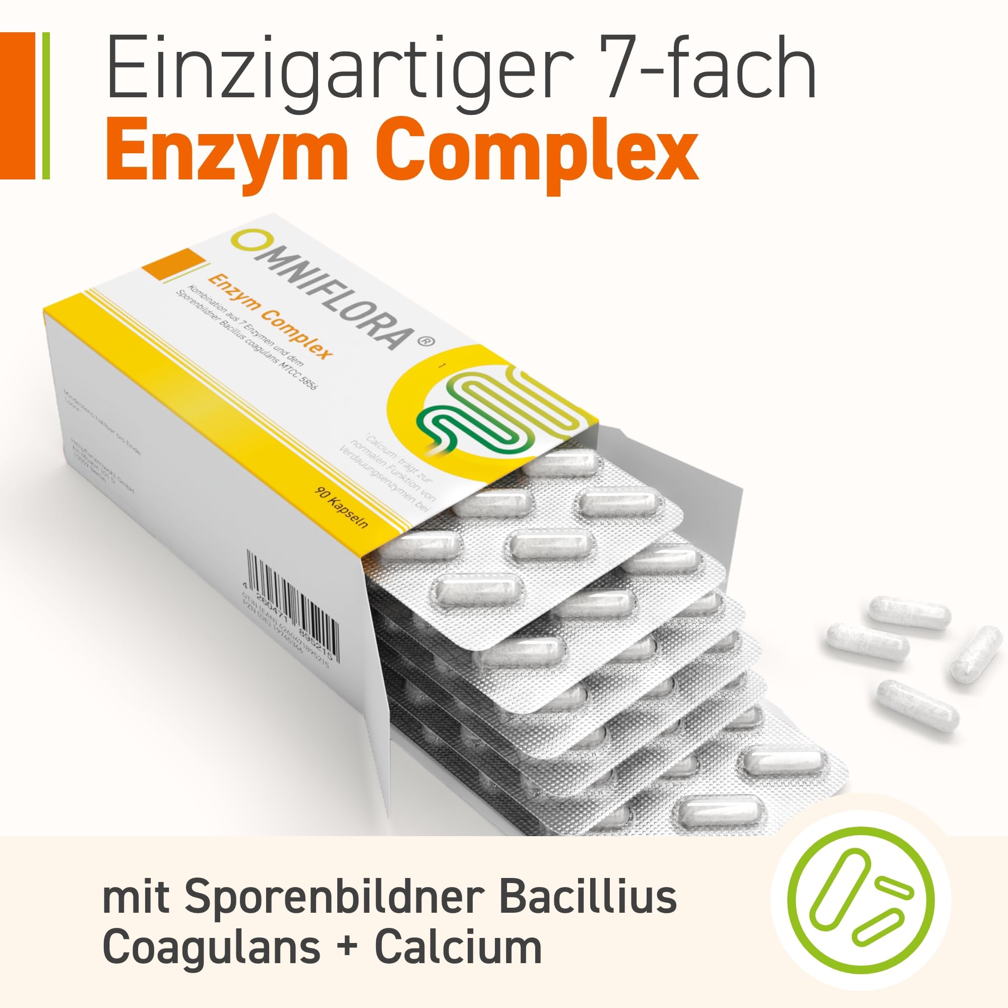 Omniflora Enzym Complex – 7 Enzyme mit Bromelain & Papain – 90 Kapseln | 2 Mrd. aktive Kulturen (Bacillus coagulans) · Magensaftresistente DRcaps · 7-fach Enzymkomplex