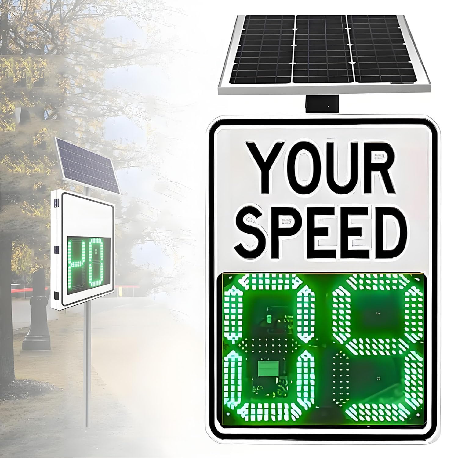 Señal de radar solar con detector de retroalimentación, advertencia de límite de velocidad en carretera, pantalla blanca ajustable de 3 dígitos resistente a la intemperie de aluminio, 24"x24