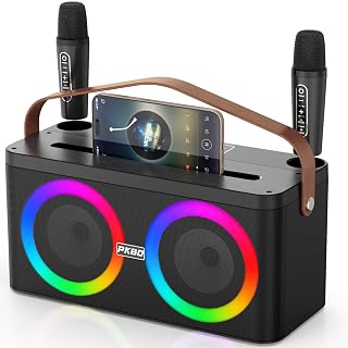 Máquina de Karaoke con Soporte para Teléfono/Pad, Altavoz Bluetooth Portátil con 2 Micrófonos Inalámbricos/Luces LED/Sistema PA para Fiestas en Casa, Regalos de Cumpleaños - Amazon product rated Grade A