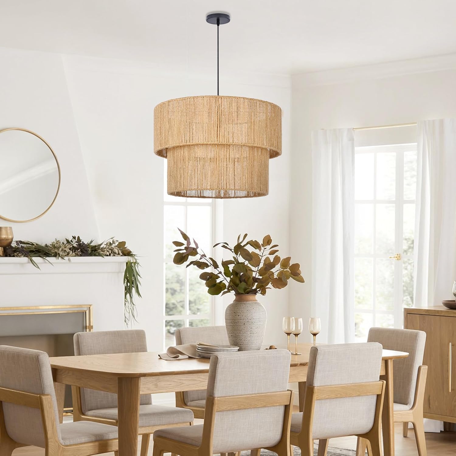 Arturesthome Rattan Boho Chandelier Woven Lampshade Farmhouse Kitchen Chandelier for Bedroom Living Room Entryway Hawlly Bulb Not Included 19.65"