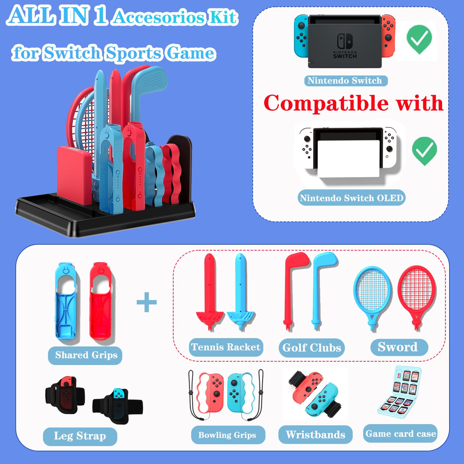 OLDZHU Set di accessori sportivi 16 in 1 con organizer compatibile con Nintendo Switch & console OLED, 2024, per feste in famiglia, set di accessori per gioco