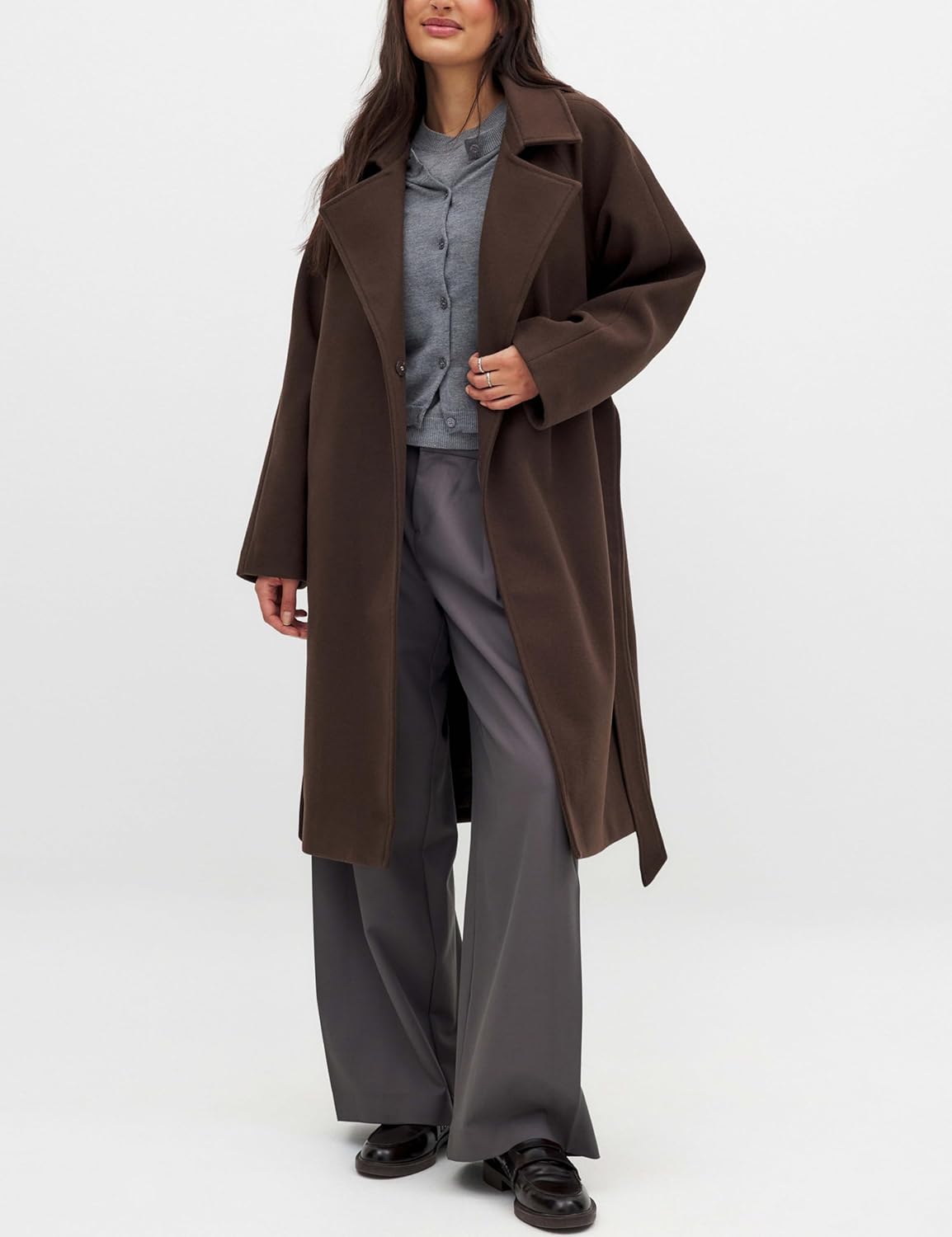 Majdan Women's Notch Lapel Wool Blend Coat Mid Long Winter Overcoat Oversized Peacoat Belted Long Jacket - Image 2