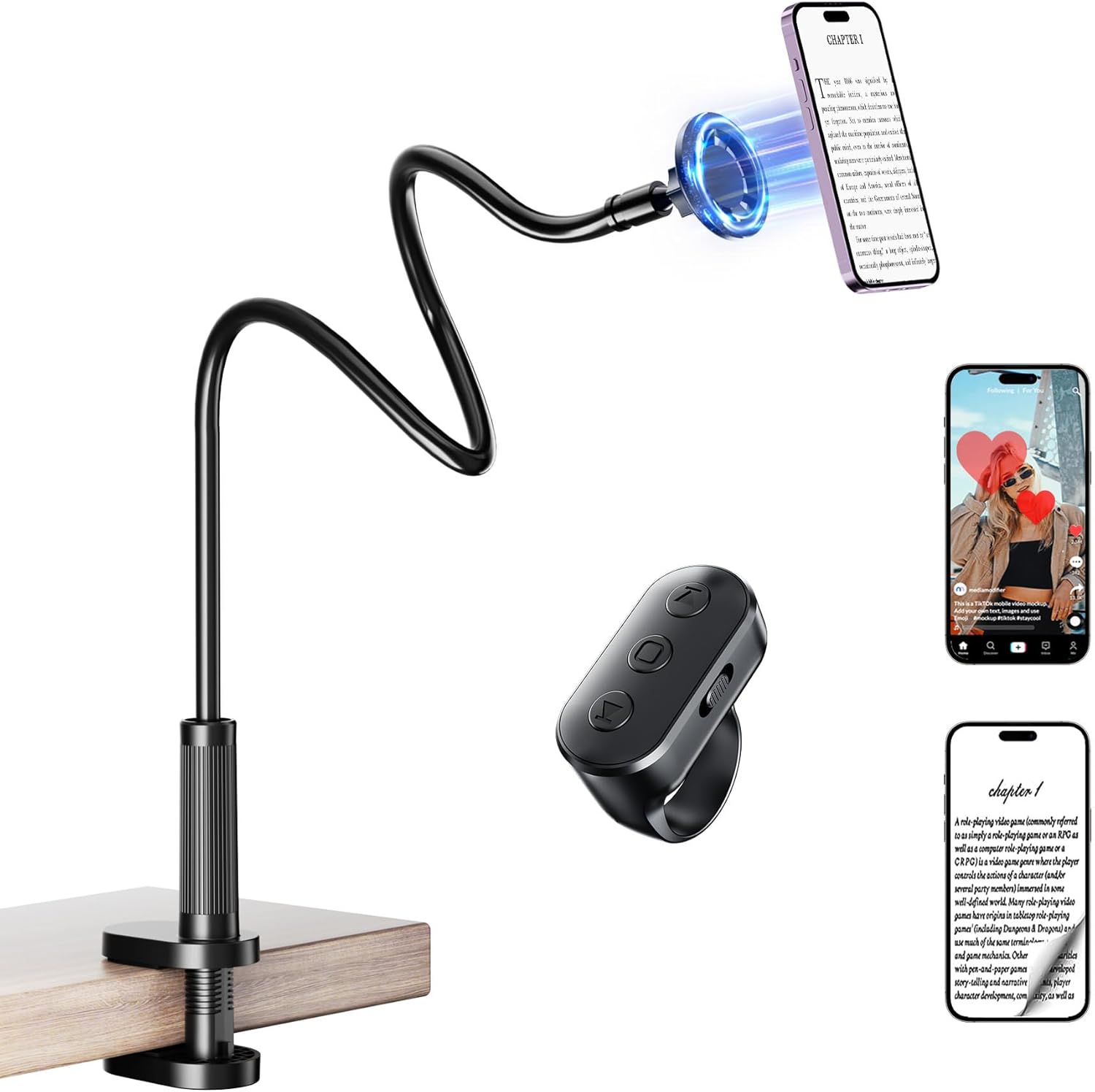 Magnetic Phone Holder for Bed Laying Down with Remote Page Turner, Bedside Gooseneck Phone Stand with Clicker for Reading, Flexible Mount with Wireless Scrolling Ring for iPhone/Tiktok/Short Video