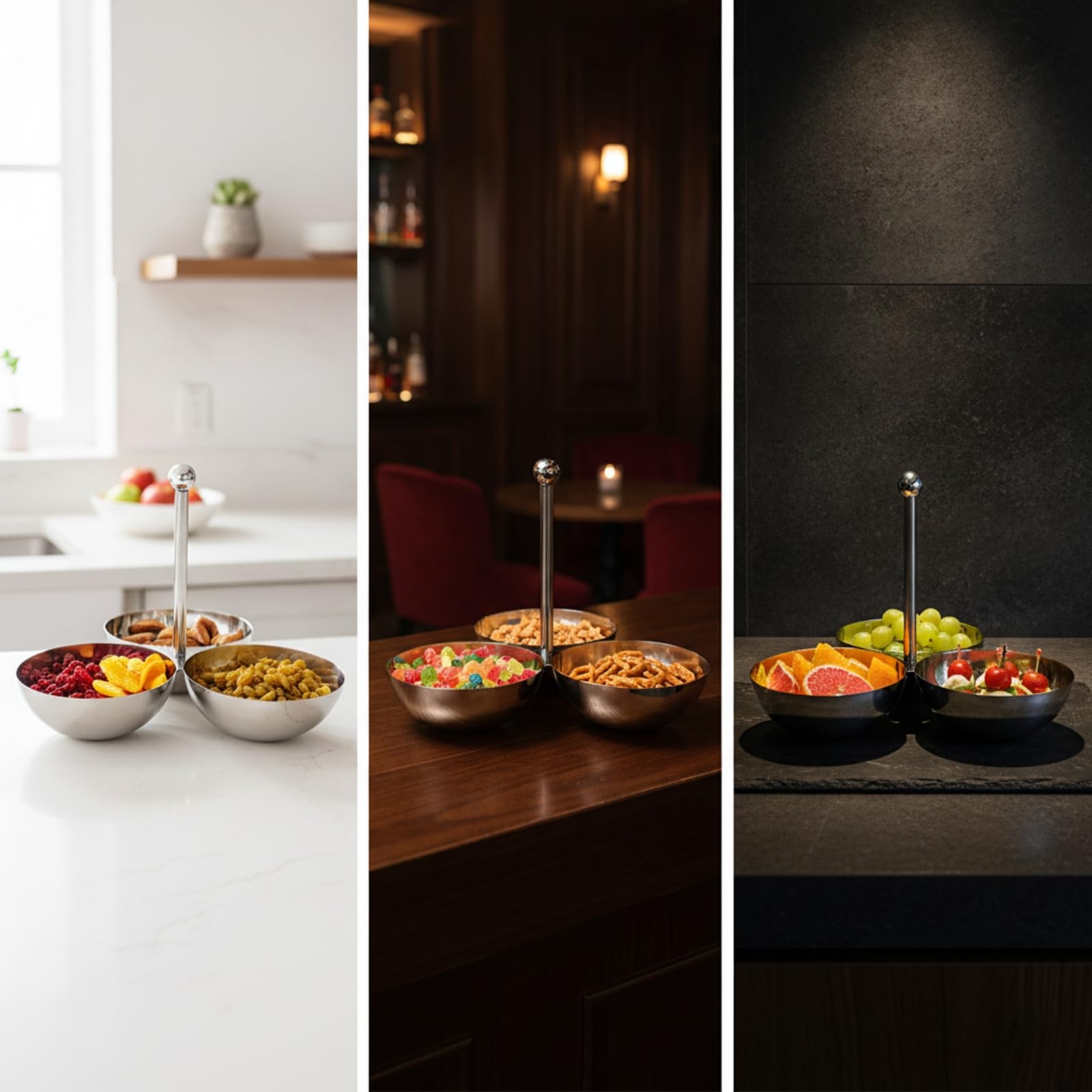 Serviertablett Snackschale Servierplatte Servierschale Edelstahl 3 Fächer Gegen Geschmacksvermischung Griff Und Standfuß Polierte Oberfläche für Zuhause Bar KTV, 3-Grid L 27-24cm