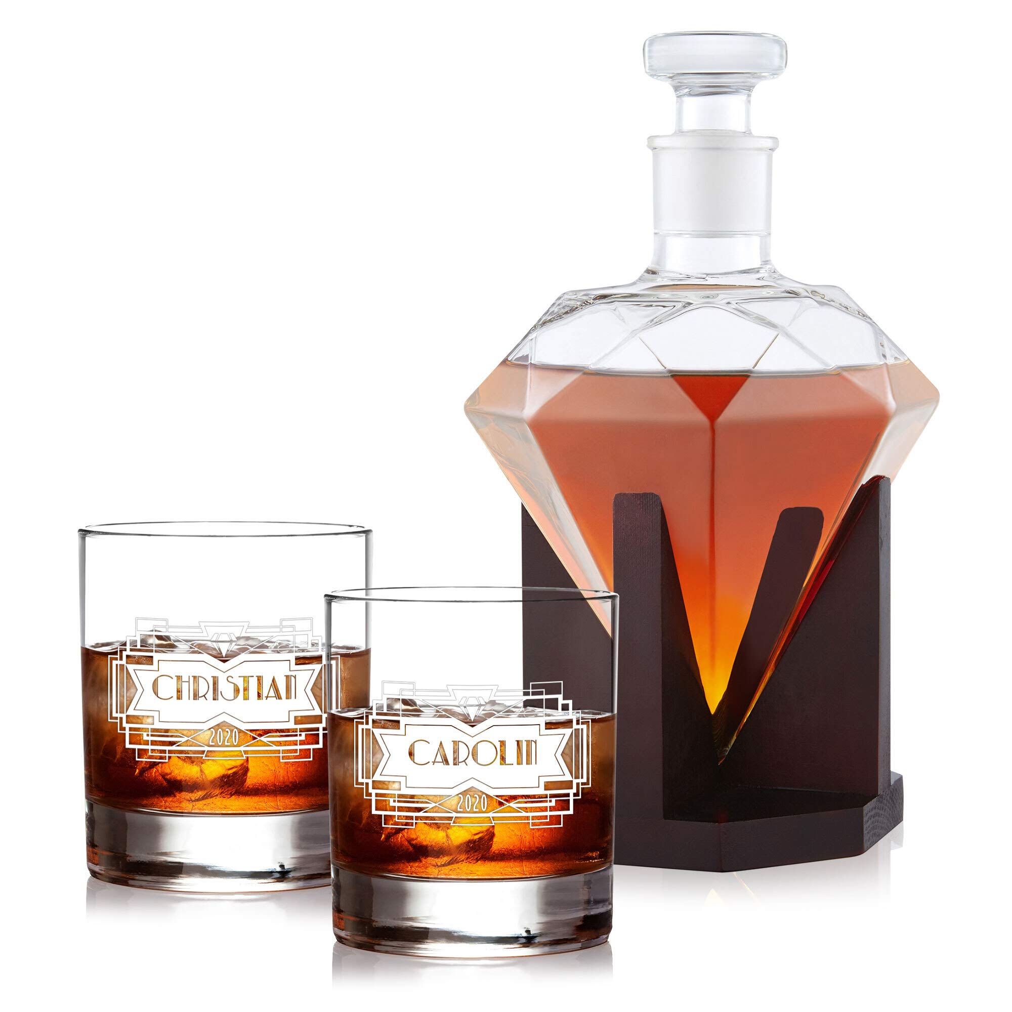 AMAVEL Set de Dégustation avec Carafe Diamant et 2 Verres à Whisky, Gravure Personnalisée, Motif Diamant, 2 Prénoms et 1 Année
