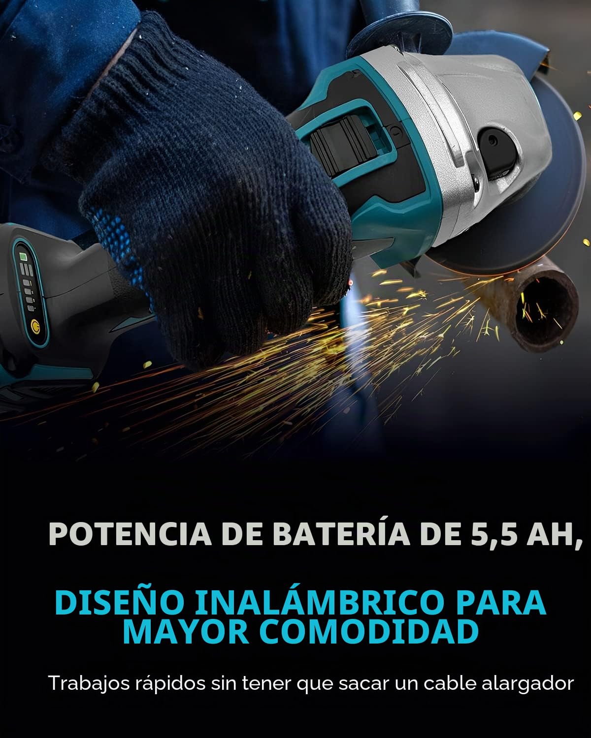 LabTEC Amoladora Angular, 800W, Amoladora Angular con Cable y Cuchillas con 2 Packs 18V 5500mAh Batería y Cargador para Cortar, Esmerilar, Pulir y Afilar