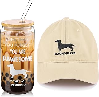 2 Pcs Dog Lovers Gifts for Women Men Funny Glass Cup with Lid Straw Cleaning Brush 16 oz and Embroidered Baseball Hat for Dog Mom Dad Lover Christmas Gift (Dachshund)