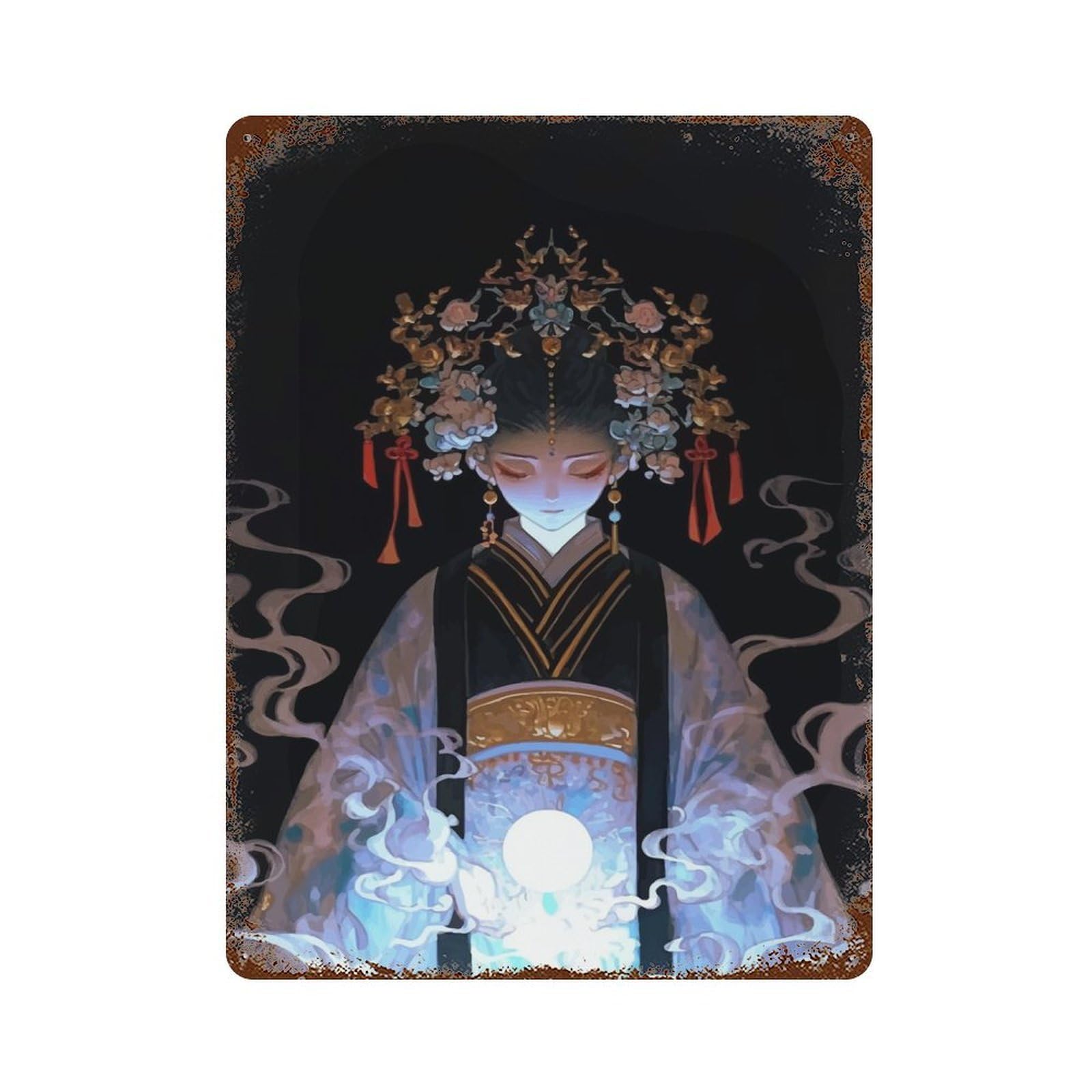 Decorative Tin Sign with Mystical Asian Princess Design 15.7"x11.8", for Basement, Hobby Room And Garage Decor, Rustic Home Decor
