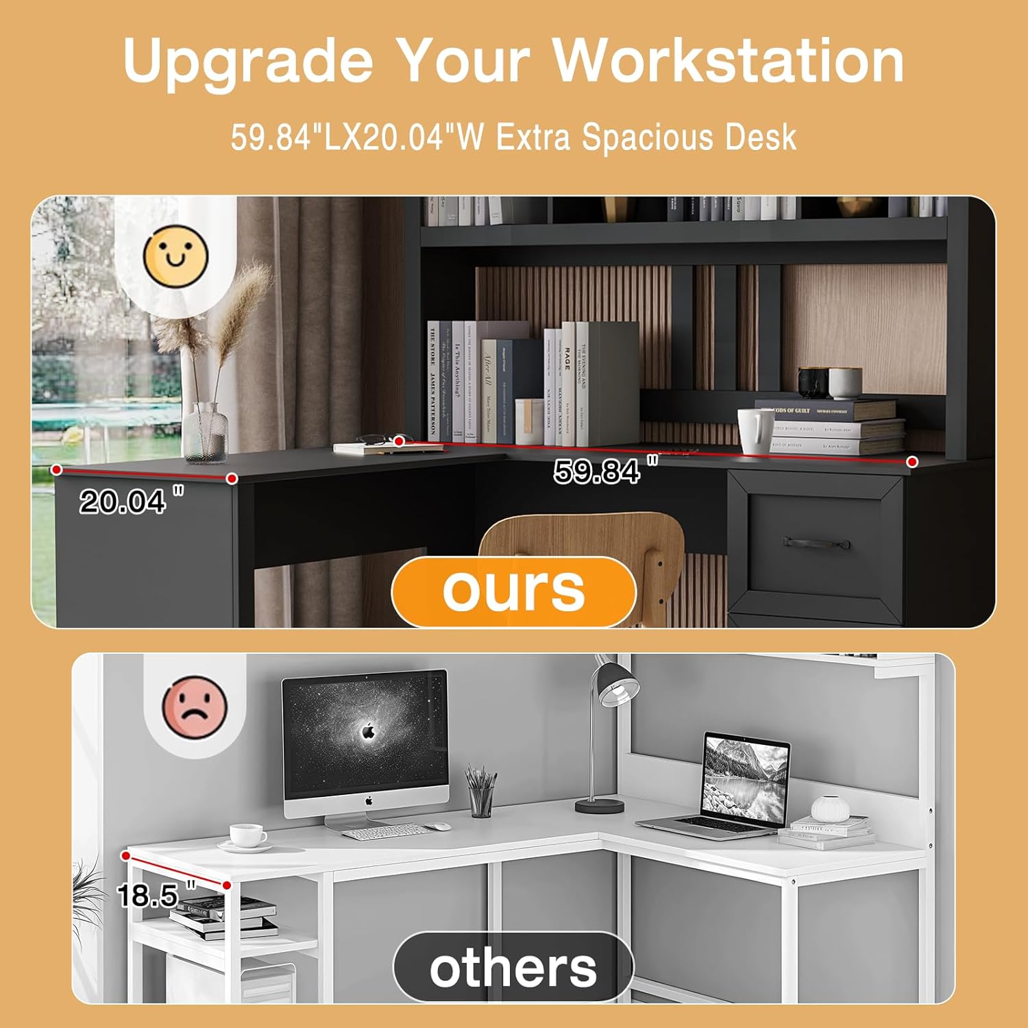 SoarFlash 60” Computer Desk with Hutch and 2 Drawers, L Shaped Executive Office Desk with Storage Shelf, Wood Desk for Home Office, Black