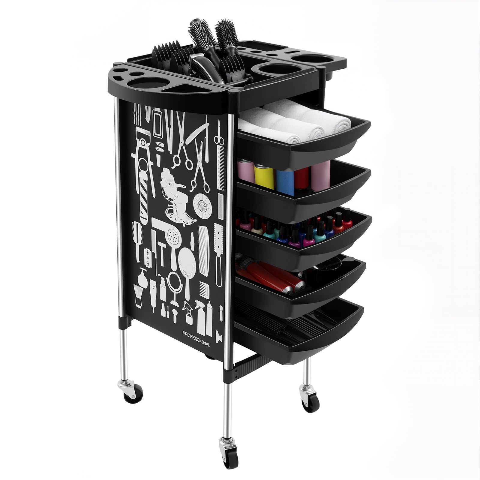 Chariot de coiffure noir 5 tiroirs 80 kg roues pivotantes 360° tablette amovible PP