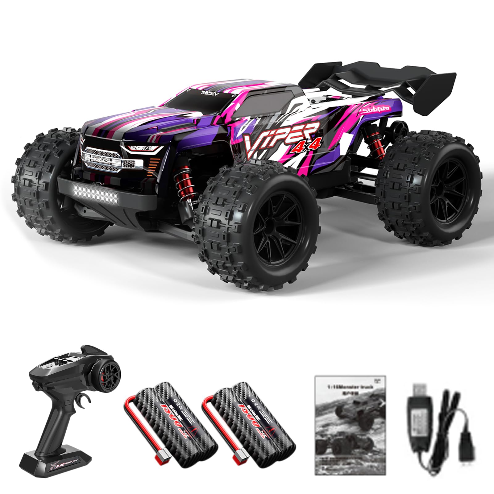 Hylukon Remote Control Cars 1/16 36KMH RC Crawler 4WD 2.4G Full Scale LED Light High Speed All Terrain Offroad Vehicle Pickup Truck RC Climbing Car Gift Toy for Adult Rechargeable Red 3 Battery