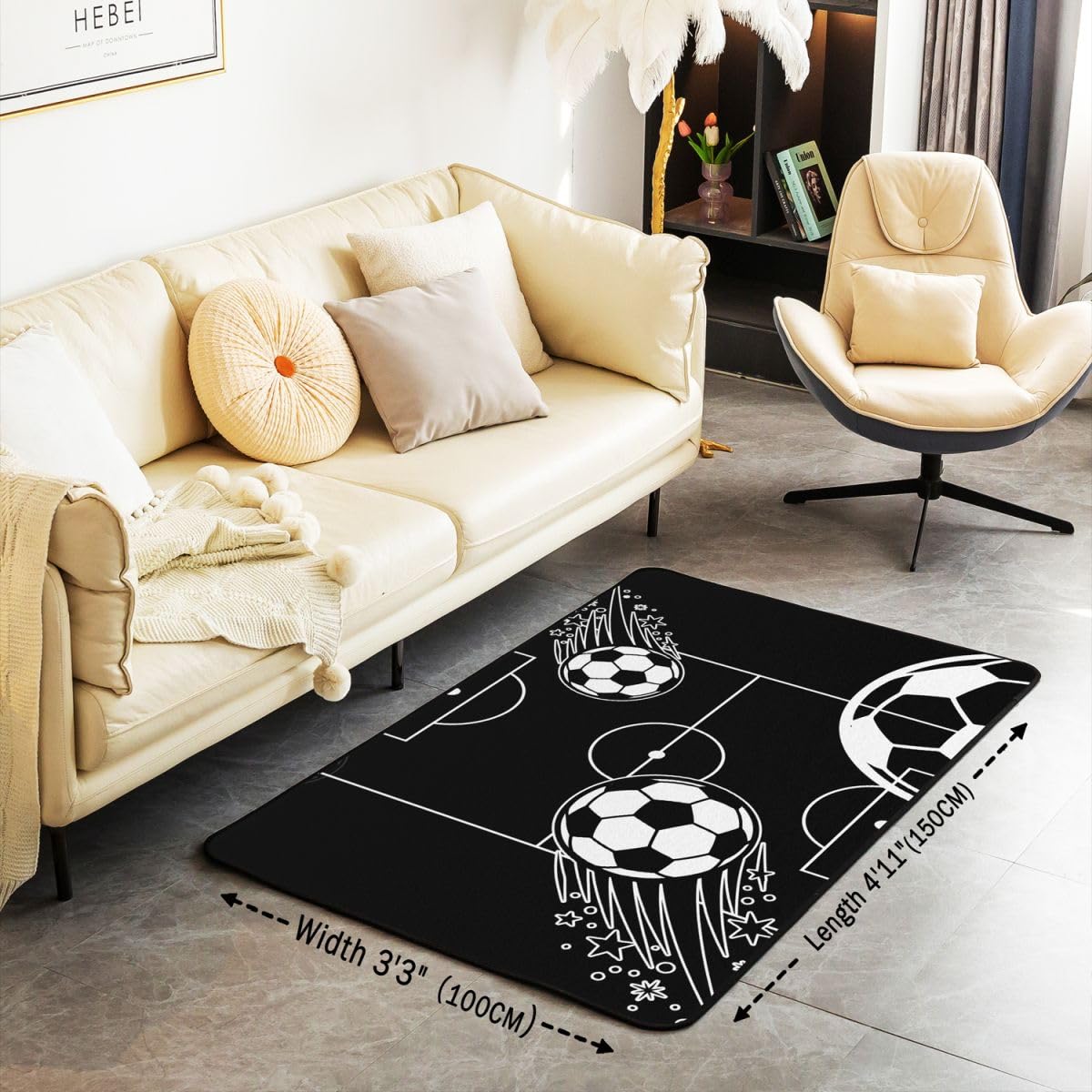 Homewish Dywaniki do piłki nożnej 100 x 150 cm do sypialni salonu - piłka nożna nowoczesny dywan podłogowy czarny sportowy estetyczny boisko do piłki nożnej duże dywany piłka sportowa miłośnicy piłki