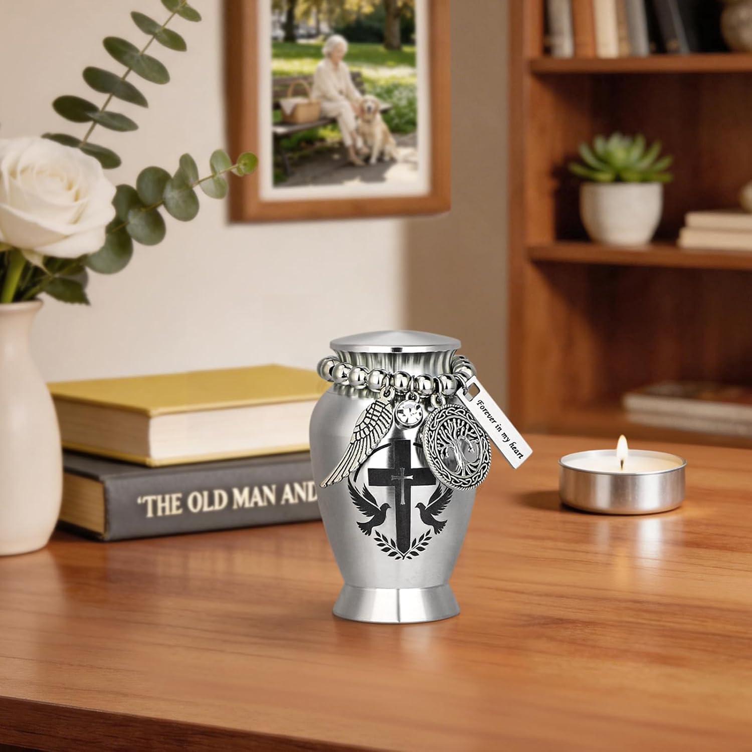 Small Cremation Urns for Human or Pet Ashes, Mini Metal Sharing Keepsake Urn for Adults, Sleek Silver Decorative Funeral Memorial Urn with Engraved Cross, Tree of Life & Angel Wing Charm