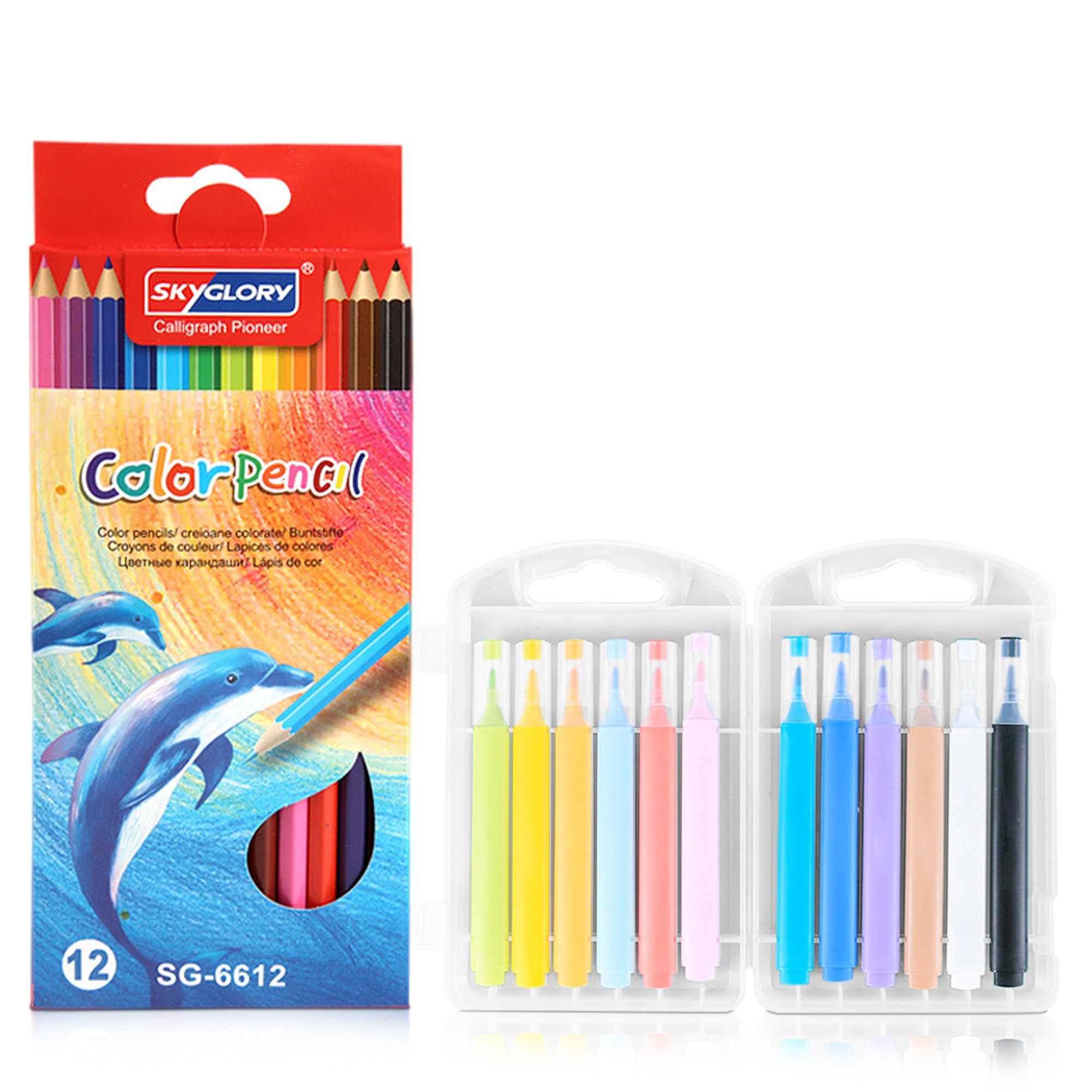 Lápices de Colores + Rotuladores de Colores Profesionales, para Pintar, para Niños y para Adultos, Marcadores, 12 Pinturas de madera + 12 Rotuladores Escolares, Estuche, Material Escolar