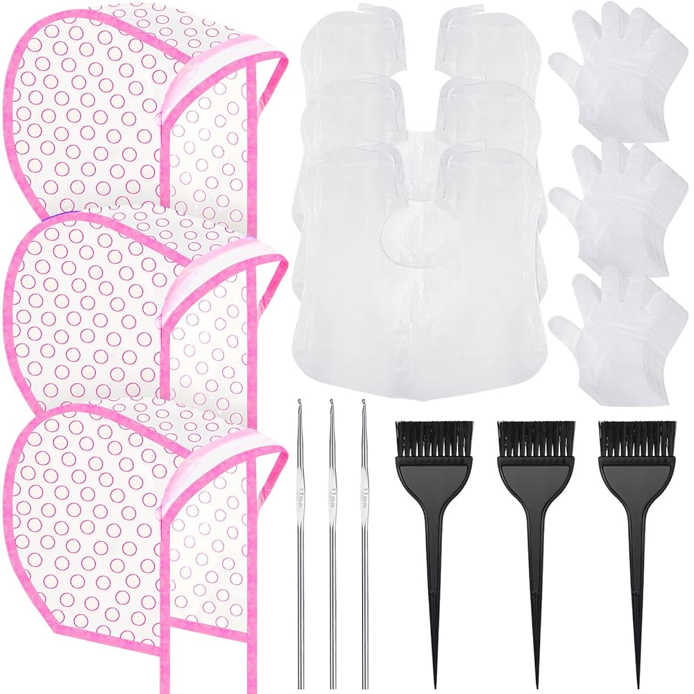 3 Sets Hair Coloring Kit, Includes 3 Pcs of PVC Hair Coloring Caps with 3 Pcs Styling Tools, 3 Pcs Disposable Hair Dye Shawl, 3 Pairs Gloves, 3 Pc Dye Brushes for Dyeing Hair (Pink)