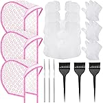 3 Sets Hair Coloring Kit, Includes 3 Pcs of PVC Hair Coloring Caps with 3 Pcs Styling Tools, 3 Pcs Disposable Hair Dye Shawl, 3 Pairs Gloves, 3 Pc Dye Brushes for Dyeing Hair (Pink)