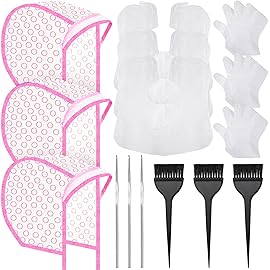 3 Sets Hair Coloring Kit, Includes 3 Pcs of PVC Hair Coloring Caps with 3 Pcs Styling Tools, 3 Pcs Disposable Hair Dye Shawl, 3 Pairs Gloves, 3 Pc Dye Brushes for Dyeing Hair (Pink)