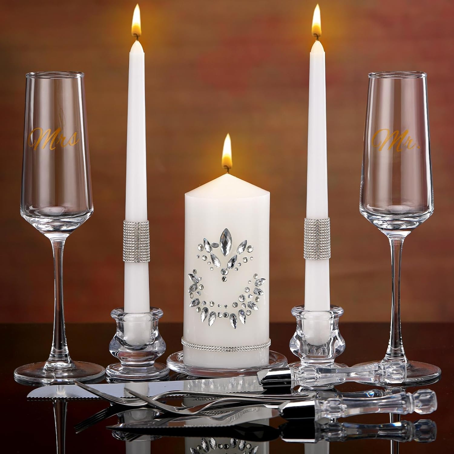 Zhehao 12 Pcs Unity Wedding Set Crystal Unity Candles with Glasses Candle Holder Wedding Champagne Flutes Cake Cutting Set Bride Groom Unity Candles Gifts for Reception Ceremony Wedding Decor