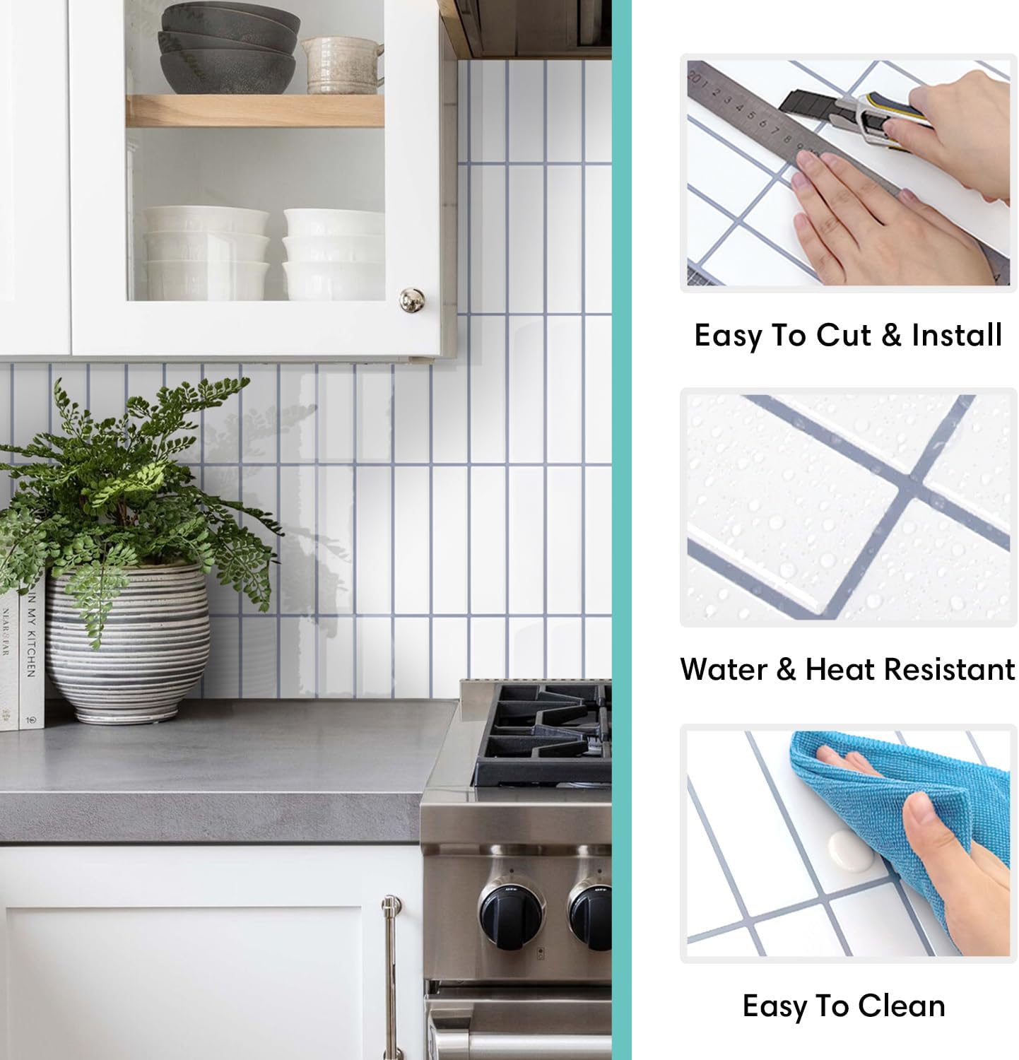 Commomy Peel and Stick Backsplash Tile - 10 Pcs of 12'' x 12'' Vertical 3D Stick on Tiles for Kitchen and Bathroom Interior Wall Tile, White (Glossy Surface, White with Gray Grout, Covers 10 sq.ft)