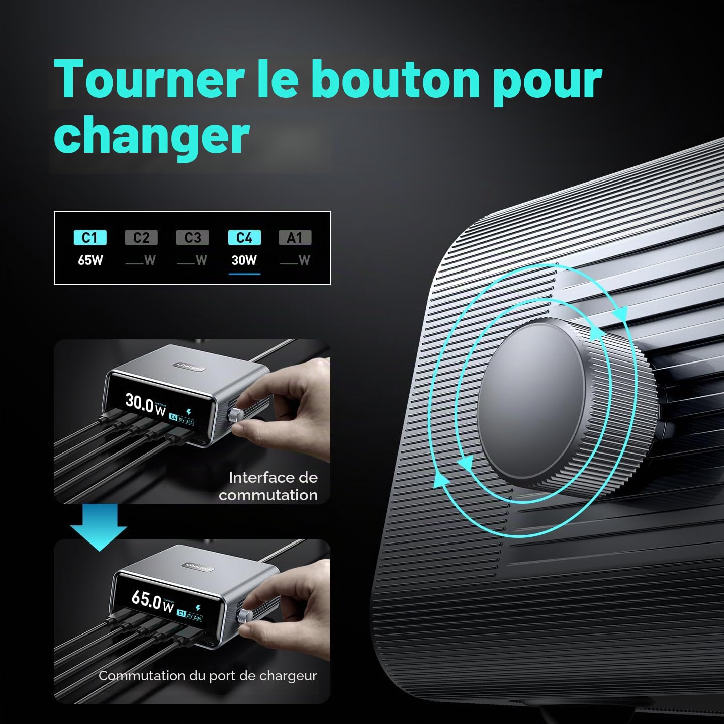 Station de charge de bureau intelligente, station de charge USB C GaN3 100 W, ultra-rapide à 5 ports, USB C avec PD3.0 de 100 W, QC3.0, écran LCD de 2,25" et cadran de contrôle intelligent