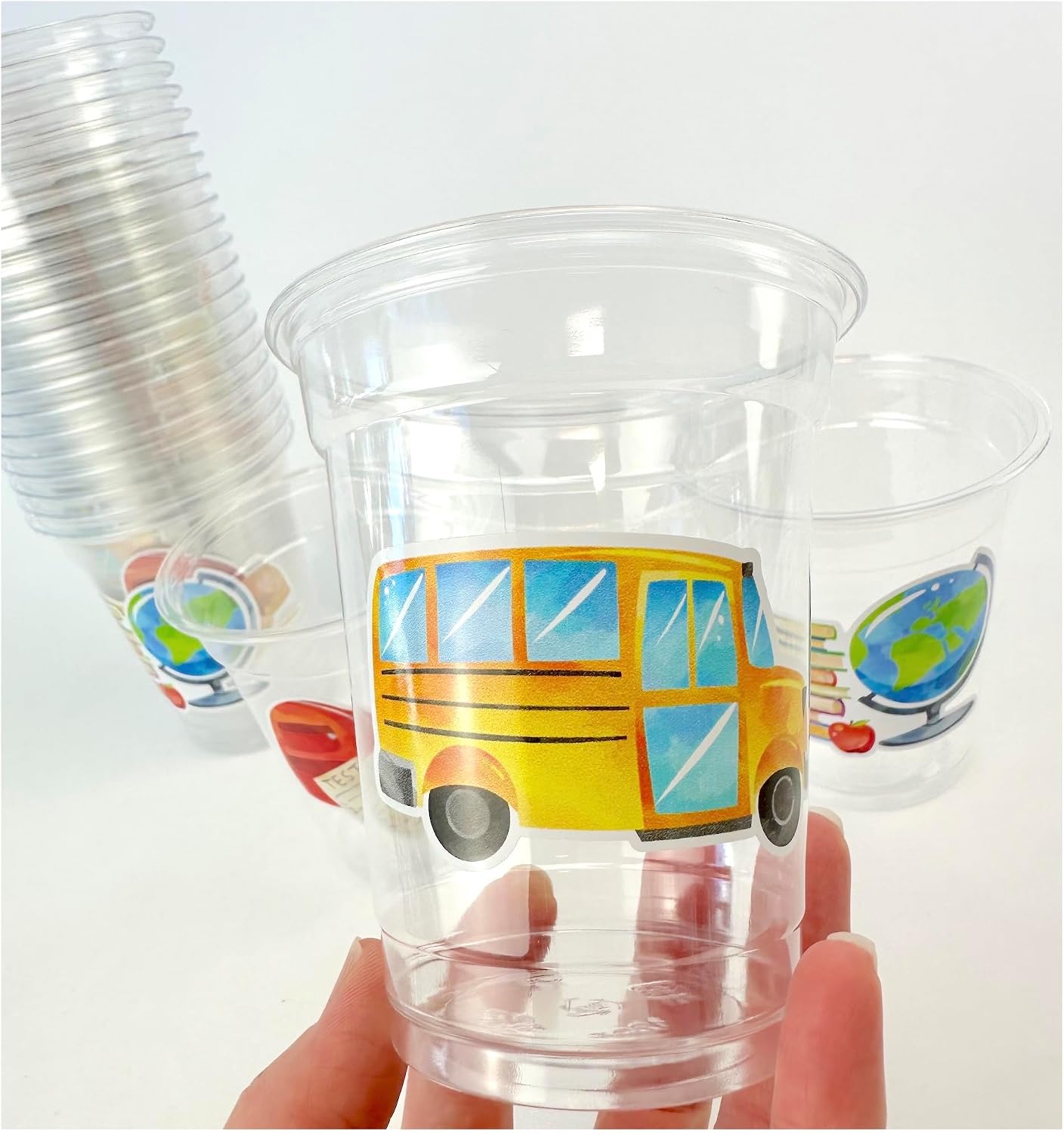 School Theme Party Cups, 12oz Clear Plastic, 24 Count, Educational Design with School Bus, Globe, Books