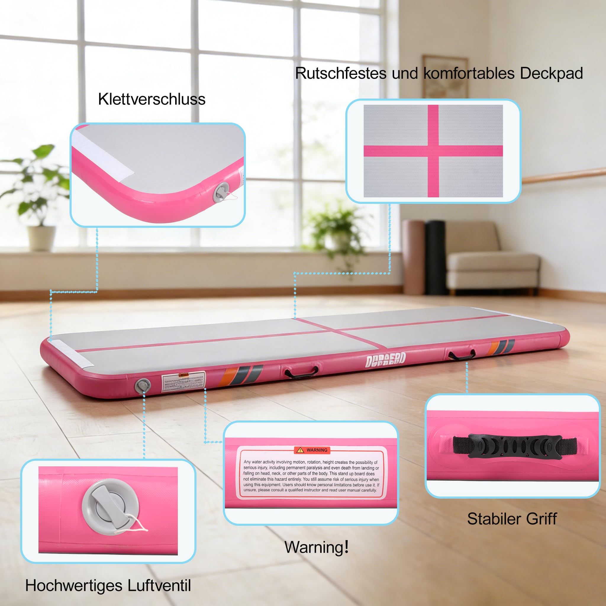 Tapis de gymnastique rectangulaire - Coussin d'air - Tapis de gymnastique gonflable pour acrobatie, entraînement et yoga - 3 m - 4 m - Épaisseur : 10 cm - Avec pompe