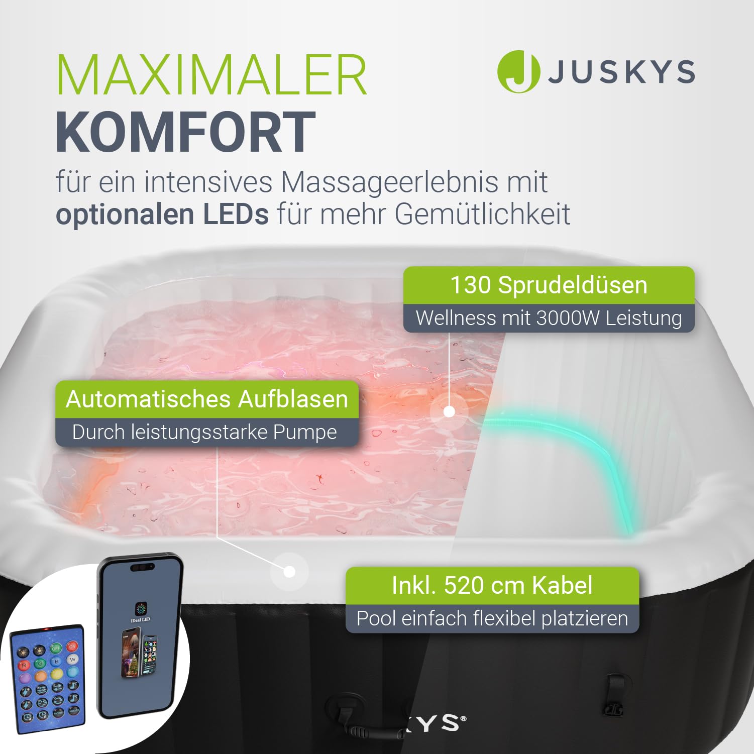 JUSKYS® Whirlpool SpaLuxe – Aufblasbar, Outdoor & Winterfest, 130 Sprudeldüsen, 3000W, PVC, LED-Beleuchtung, Schwarz/Weiß