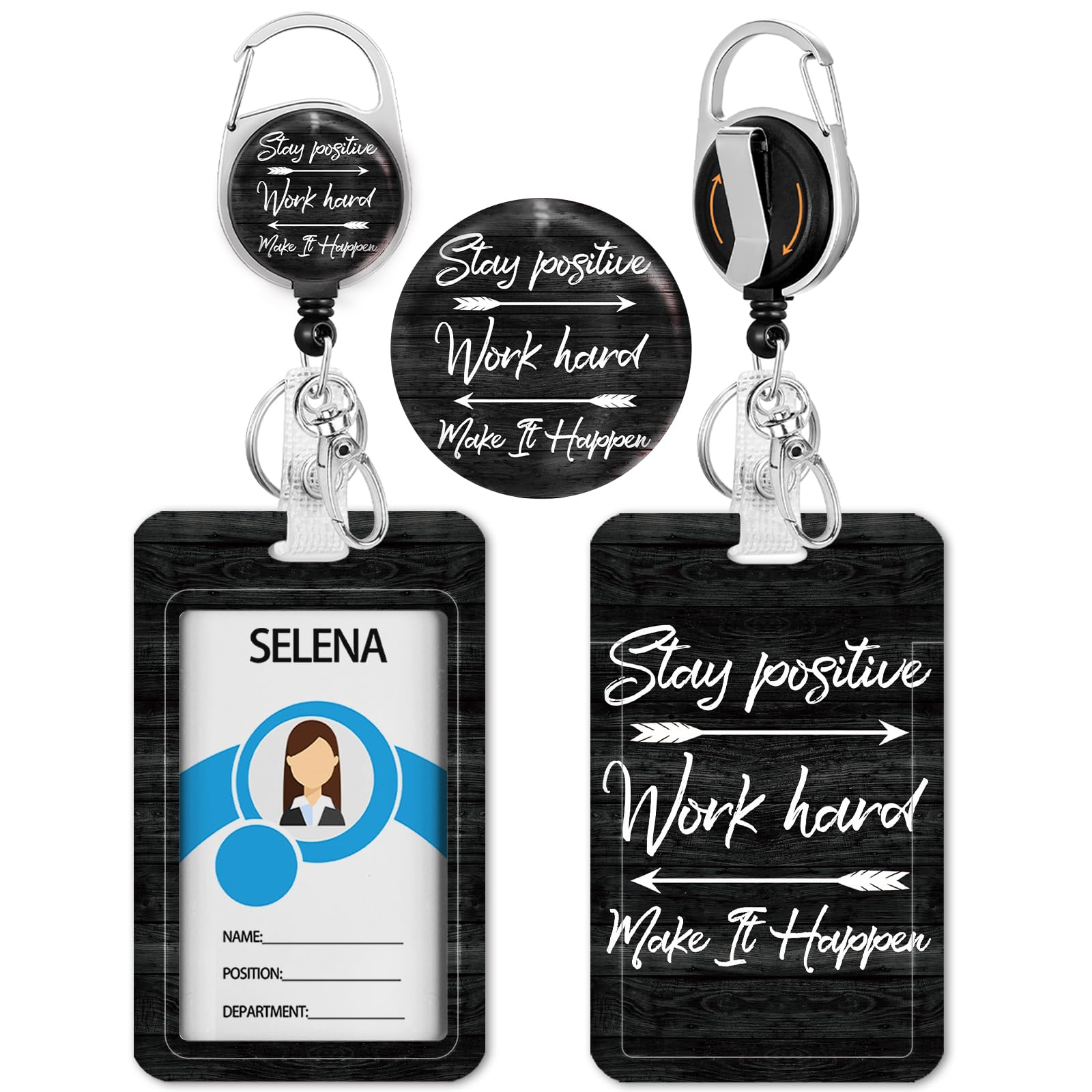 Black Stay Positive Badge Holder with Retractable Reel, Id Badge Holder Heavy Duty Retractable Clip, Vertical Work Card Name Tag Id Holder Badge Cover