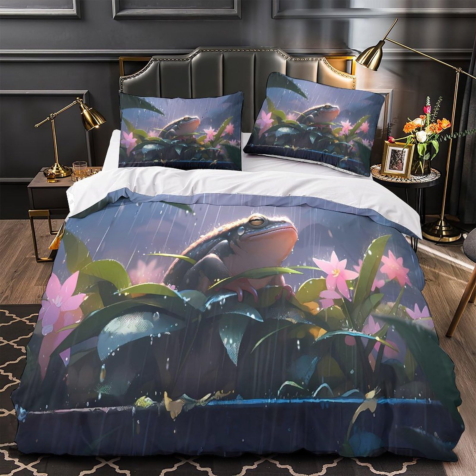 Housse de Couette Grenouille 3D Anti-Plis pour Lit Enfant Parure Microfibre Lavable Super King