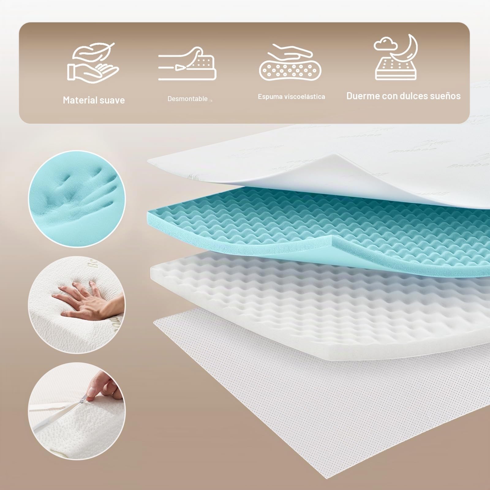 Topper Viscoelástico 150x200, Sobrecolchon de Espuma con Memoria 5 cm, Cubrecolchón Confortable con Bambú Funda Lavable