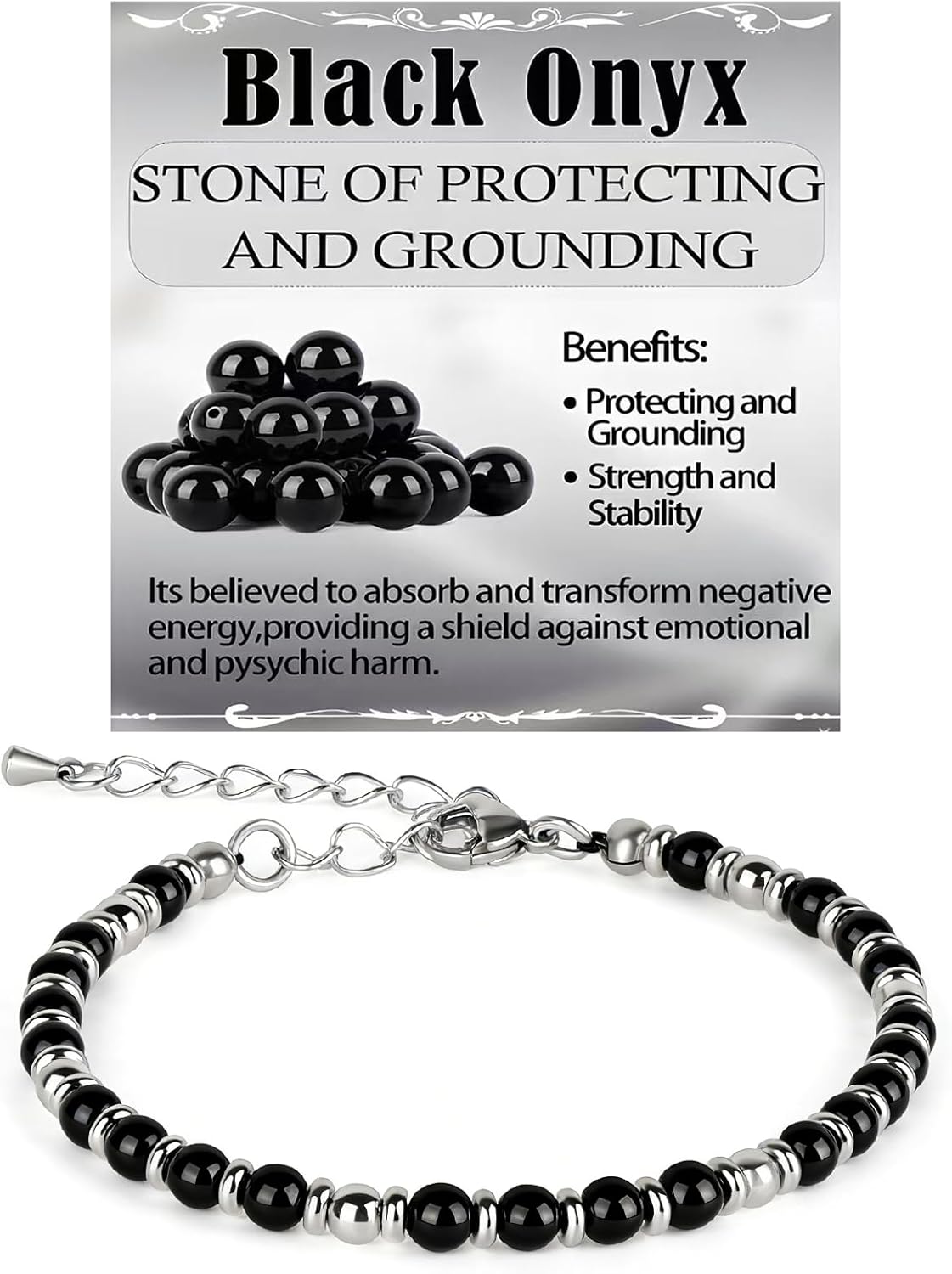 Black Onyx Bracelet for Men Women Adjustable Black Onyx Beaded Bracelet Protection and Grounding Healing Beads Brace-let Reiki Spiritual Jewelry Gifts for Her