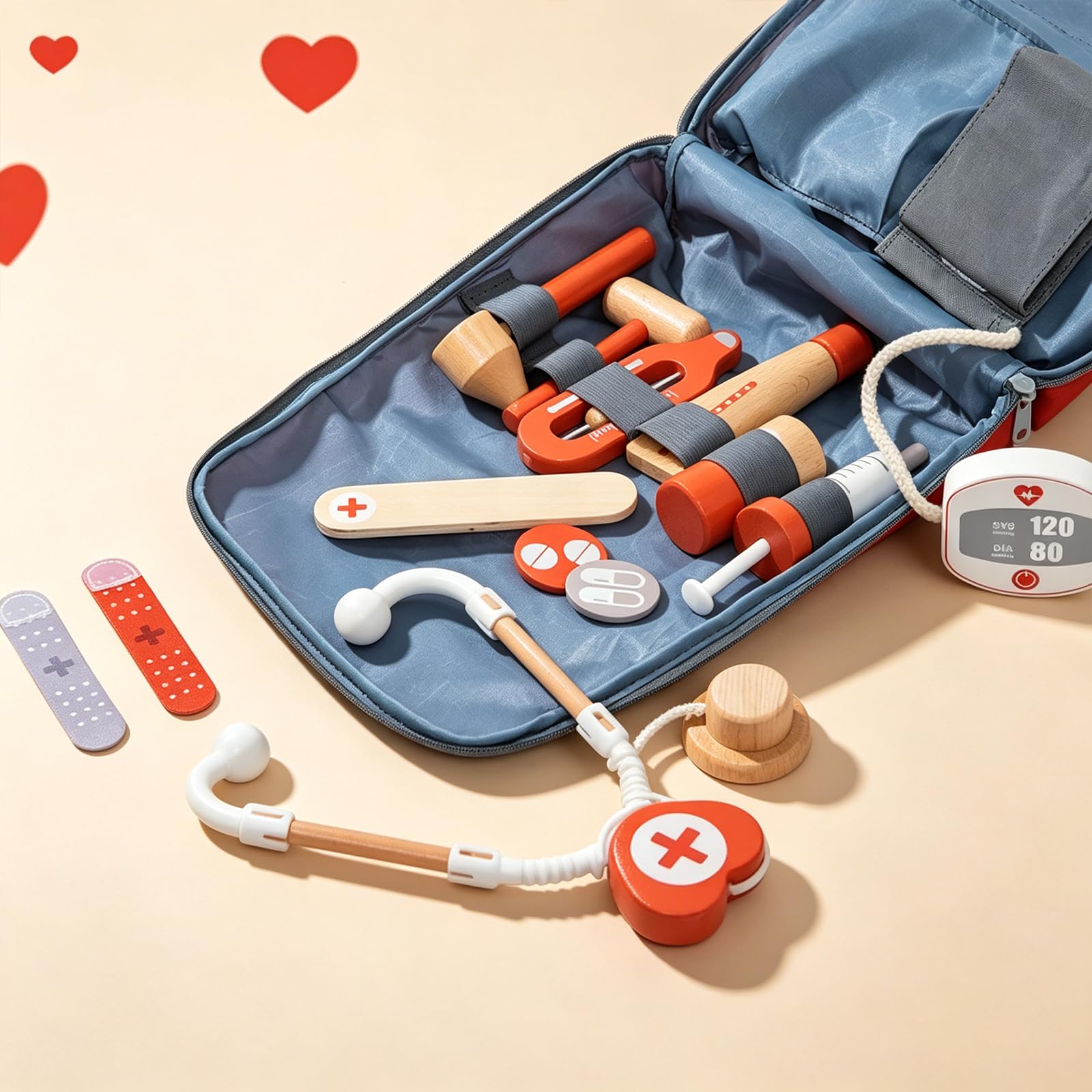 Set medico rosso in legno di simulazione kit educativo di simulazione medica con valigetta medica per gioco di ruolo e sviluppo dell'apprendimento precoce