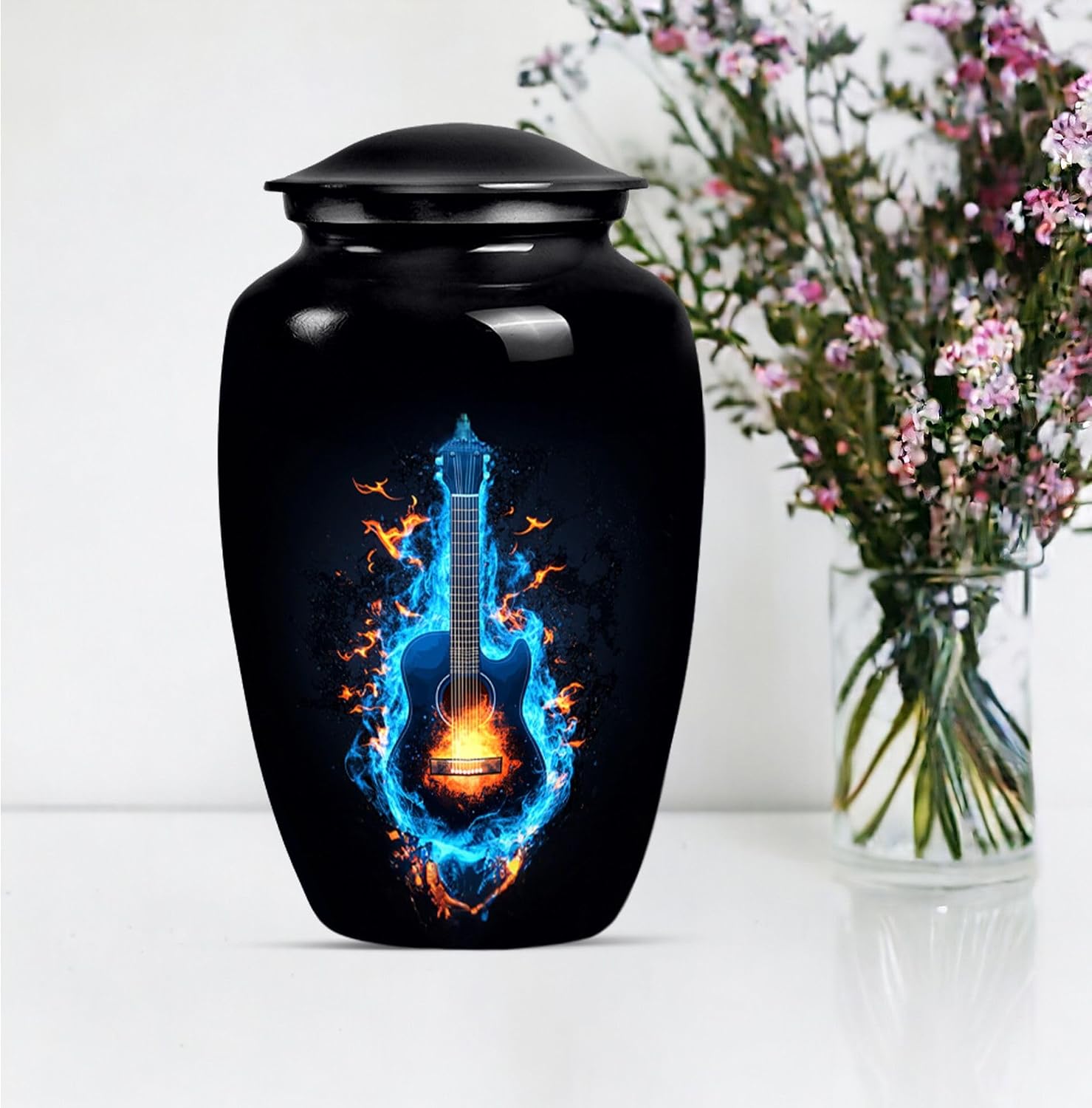 Lighting Guitar Cremation Urn, 10 Inch Urn for Ashes Adult Male, Large Memorial Funeral Urn, Cremation Urn for Human Ashes, Burial Urn for Ashes, Black Urn, Guitar Urn for Ashes
