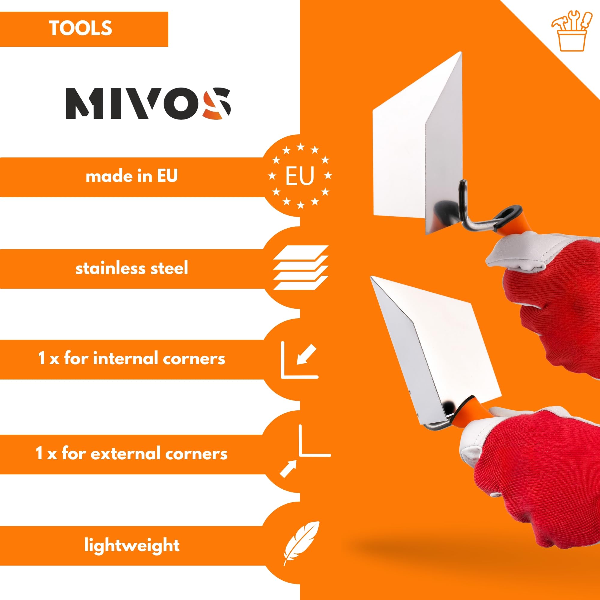 Mivos 2 x truelles d'angle inoxydables 125 x 75 mm - intérieur et truelle d'angle extérieur en acier inoxydable - intérieur et extérieur avec manche souple - Spatule - MADE IN EU