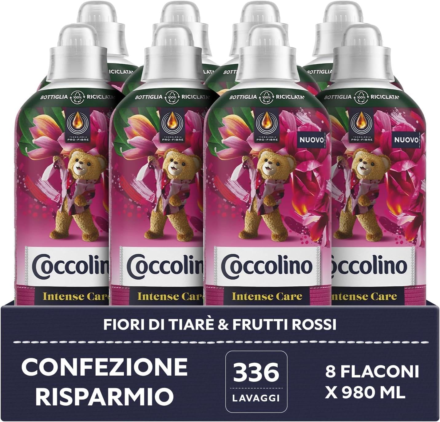 Coccolino Suavizante concentrado de flores de tiaré y frutas rojas, suavizante para lavadora Intense Care con tecnología Pro-Fibre, formato hasta 336 lavados, 8 unidades de 980 ml
