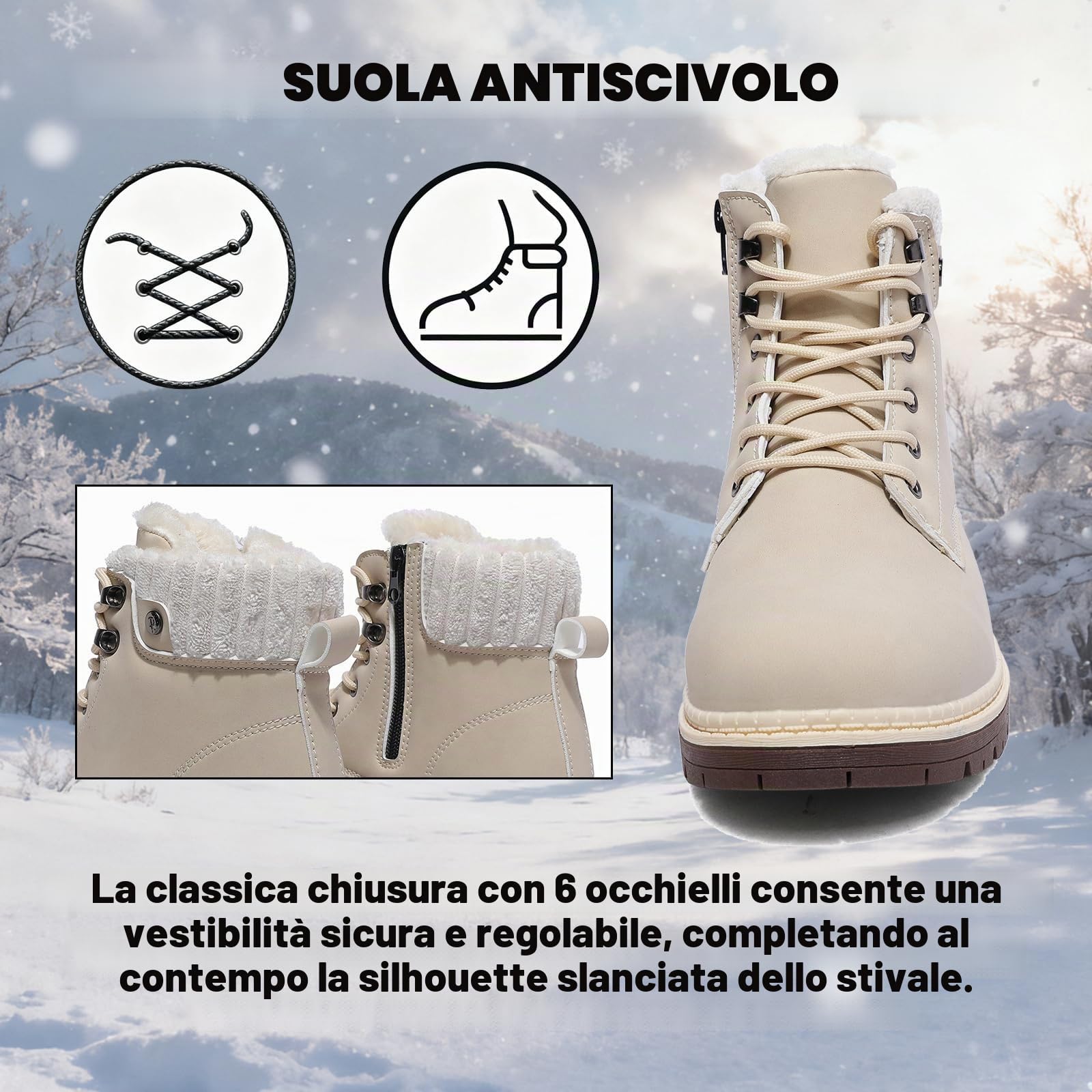 Stivali Donna Inverno Scarpe da Neve Impermeabili Stivaletti Pelliccia Stringate Outdoor Stivali da Trekking Caldi Snow Boots GR.37-42