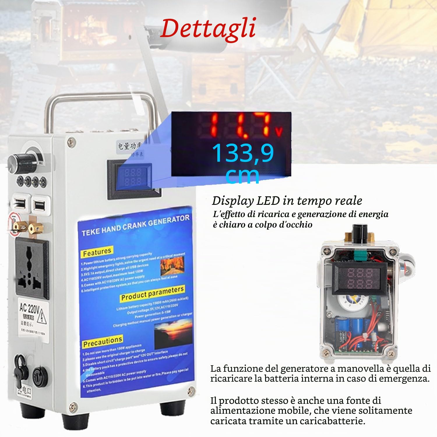 Generatore da Esterno 200W/500W 220V/110V, Portatile, a manovella, generatore di Emergenza USB ad Alta Potenza, Utilizzabile per ricaricare la Batteria dell'auto 27AH/200W
