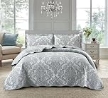 PRIME LINENS Luxury 3 Piece Quilted Printed Bedspread Set Throw Bedding Set Includes Soft Bed Throw Comforter with 2 Pillow Shams Embroidered Machine Wash (Damask Grey, King)