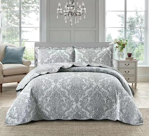 PRIME LINENS Luxury 3 Piece Quilted Printed Bedspread Set Throw Bedding Set Includes Soft Bed Throw Comforter with 2 Pillow Shams Embroidered Machine Wash (Damask Grey, King) - Cosy Home Interiors PRIME LINENS Luxury 3 Piece Quilted Printed Bedspread Set Throw Bedding Set Includes Soft Bed Throw Comforter with 2 Pillow Shams Embroidered Machine Wash (Damask Grey, King)