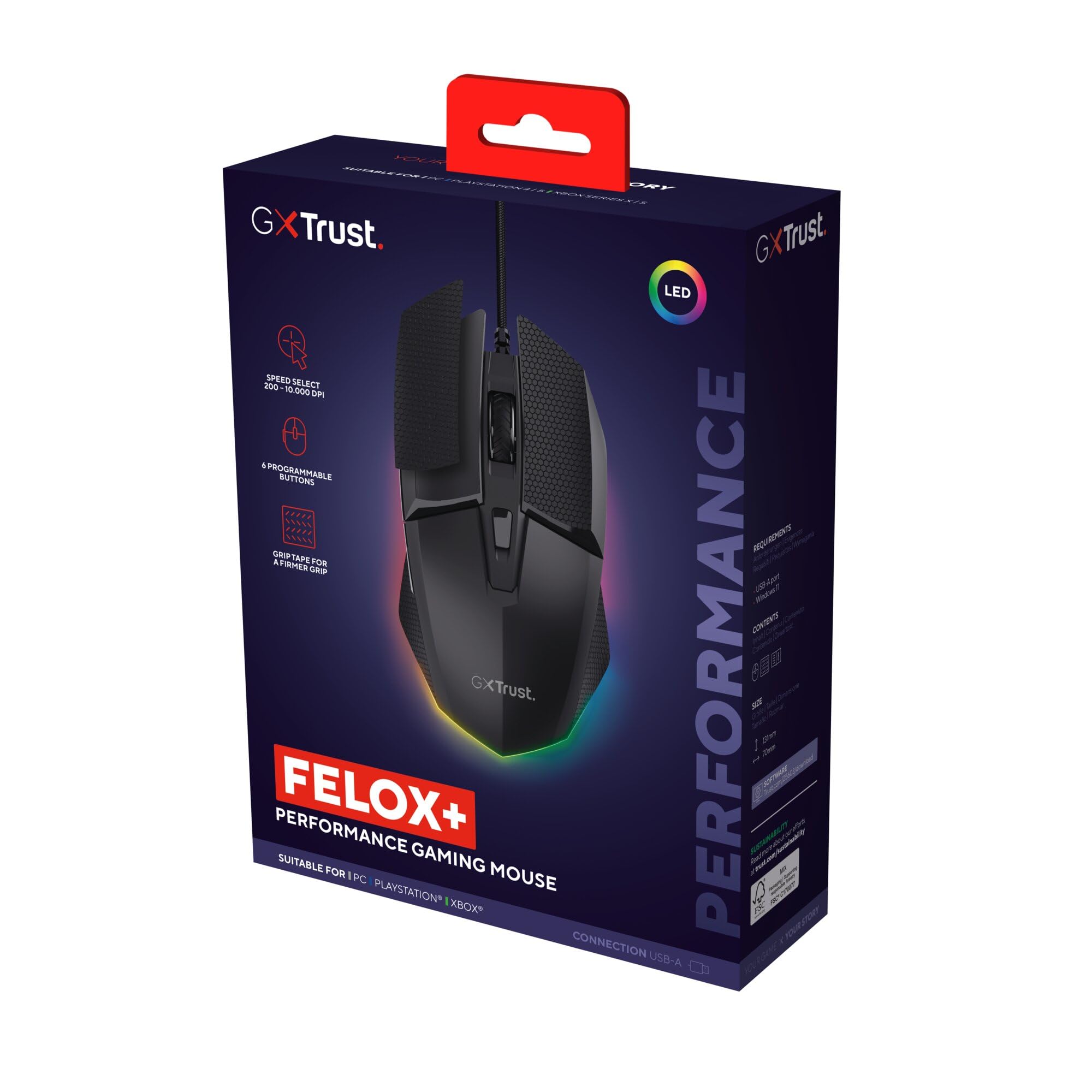 GXTrust 121 Felox+ Mouse Gaming con 6 Pulsanti Programmabili, 10000 DPI, USB 180 cm, Software Incluso, Illuminazione LED Multicolore, Mouse con Filo per PC, Portatile, Computer, Nero