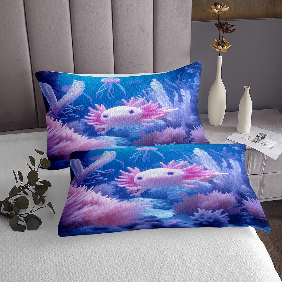 Erosebridal 3D Axolotl Twin Bedspread Set, Fantasy Cute Jellyfish Soft Coverlet Set & Bedspread for Kids Girls Boys, Kawaii Newts Underwater Quilt Set for Bed, Kids Animals Room Decor Bedding Set