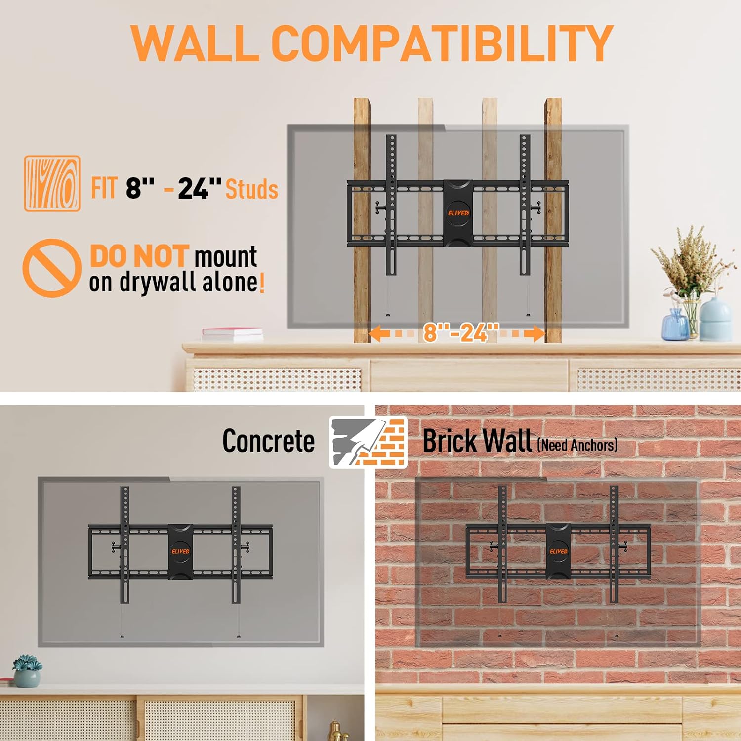 ELIVED TV Wall Mount for Most 37-75 Inch TVs, Holds up to 120 lbs, Universal Low Profile Adjustable Tilt TV Mount Fits 8"-24" Studs, Max VESA 600x400mm, Flat Wall Mount Bracket.