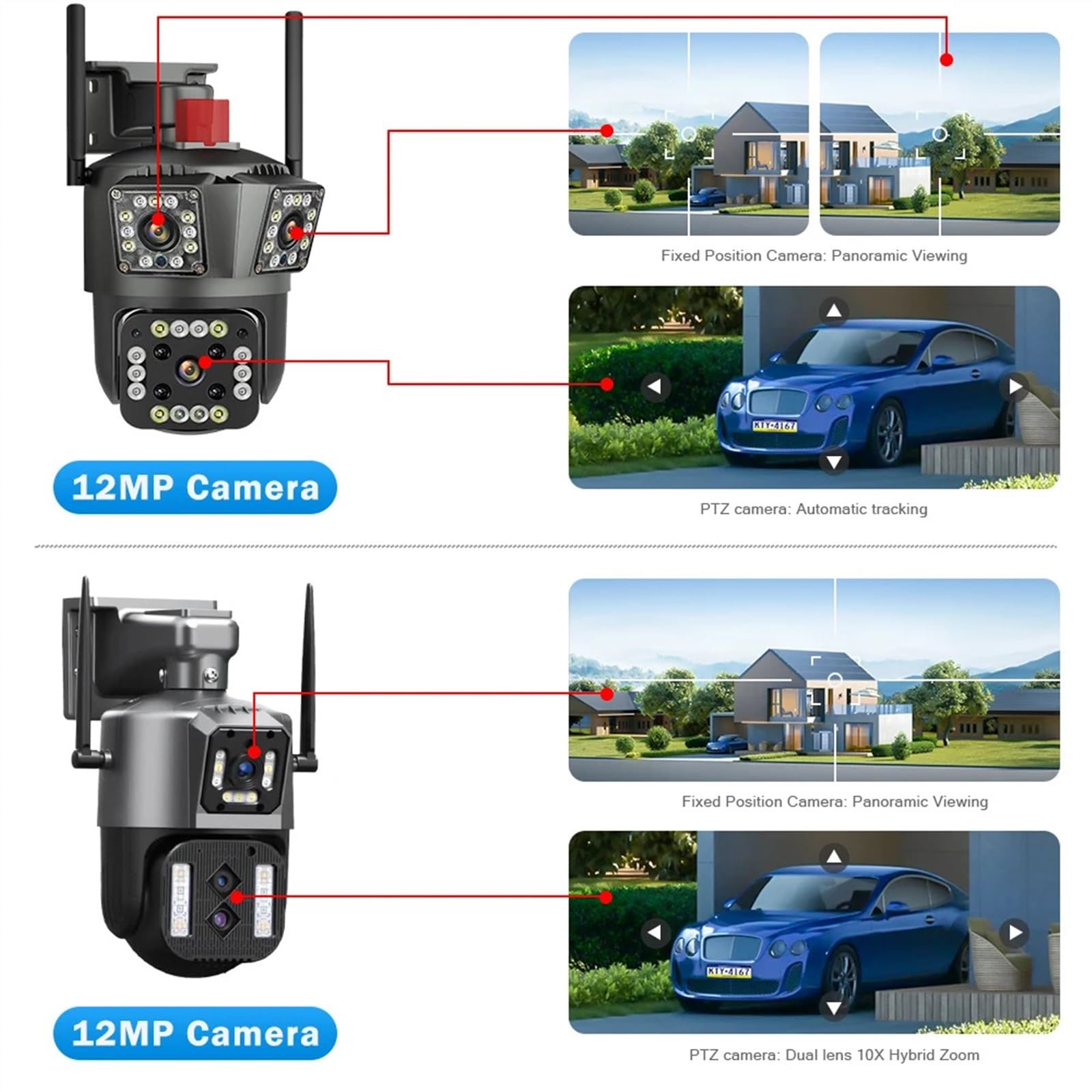 Telecamera di Sorveglianza, Telecamera esterna IP da 12 MP 6K PTZ Tre lenti Doppio schermo Zoom 10X Monitoraggio automatico Protezione di sicurezza impermeabile
