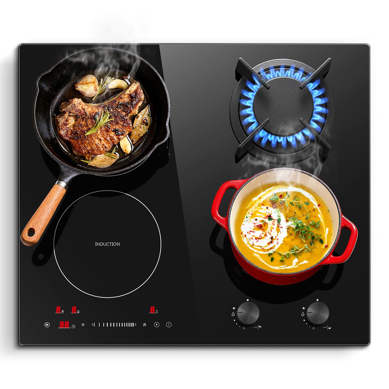 SNDOAS Piano Cottura Misto Gas e Induzione 4 Fuochi 7500W, 4100W Induzione 2 Zone con Ponte/Boost/Timer, 3400W Gas 2 Zone con Bruciatore Wok, Piano Vetroceramica Nero, Sicurezza Bambini